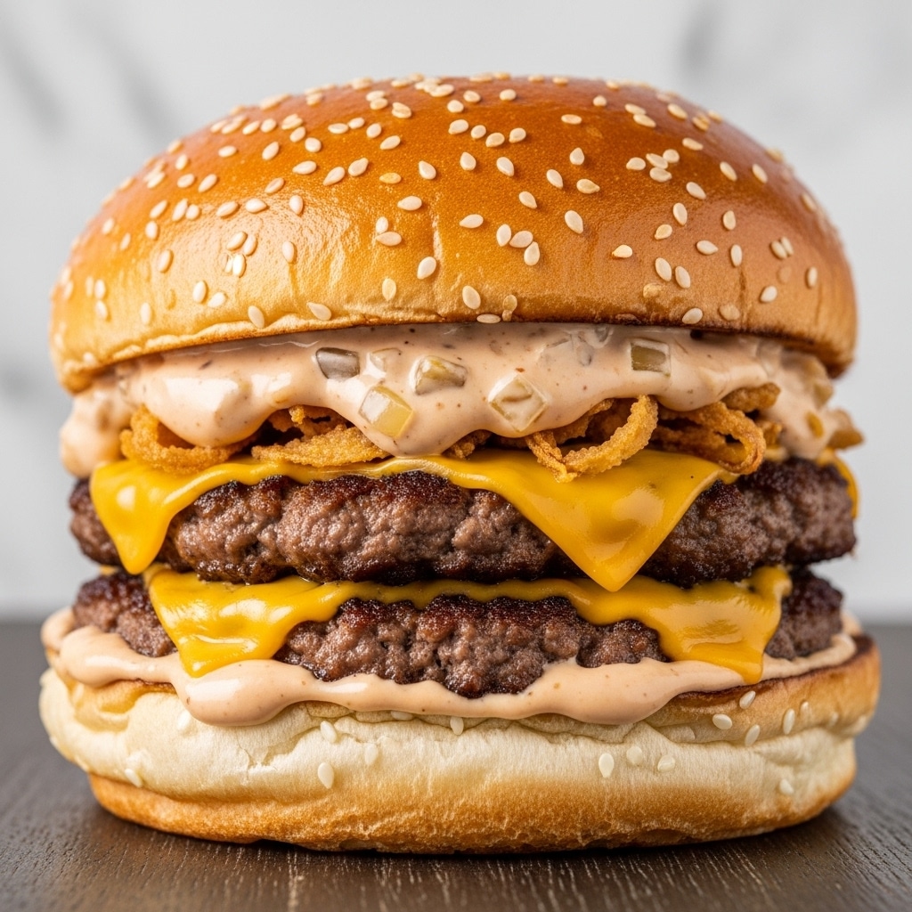 A close-up of a juicy cheeseburger on a white sesame seed bun, showing three visible layers: the bottom bun is soft and pale, topped with two thick, grilled beef patties with melted yellow cheddar cheese dripping over the edges. Above the patties is a layer of creamy light brown sauce mixed with small bits of onion, and crunchy fried onions peeking through. The top bun is golden brown with shiny sesame seeds, slightly squished by the contents inside. The burger rests on a dark wooden surface against a white marbled background. photo taken with an iphone --ar 4:5 --v 7
