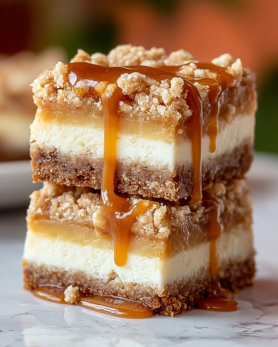 Two stacked dessert bars sit on a white marbled surface, each showing four distinct layers. The bottom layer is a crumbly, brown crust, followed by a thick, smooth white cream cheese layer. Above this is a pale golden layer, likely a caramel or apple filling. The top layer is a coarse, crumbly streusel in light tan with bits of texture, generously drizzled with glossy, rich amber caramel sauce that drips down the sides of the bars. The background is softly blurred with warm tones. photo taken with an iphone --ar 4:5 --v 7