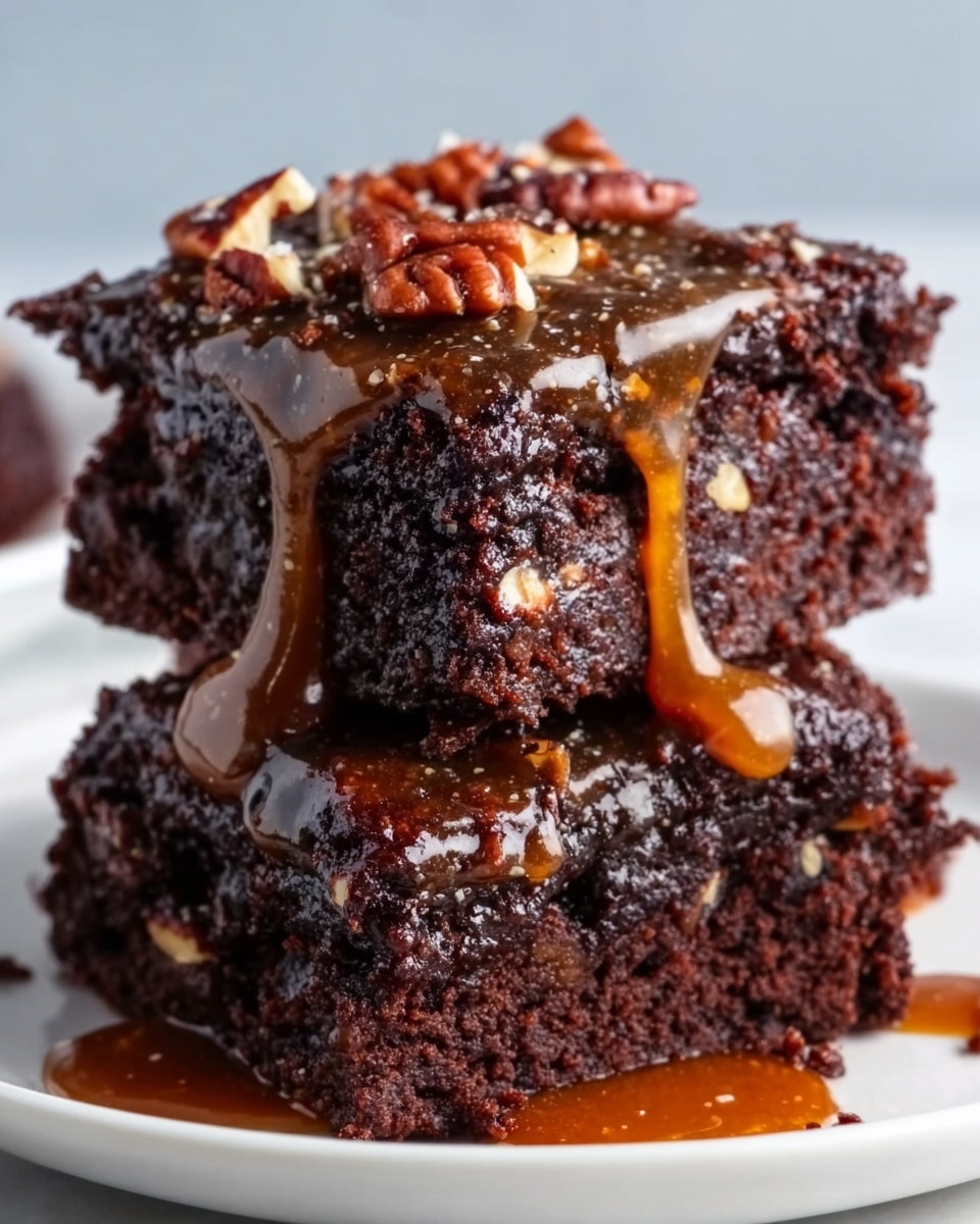 The image shows two thick, dark brown brownies stacked on a white plate, sitting on a white marbled surface. The bottom brownie looks soft and dense with small bits of nuts visible inside. The top brownie has a shiny, slightly cracked surface with pieces of nuts scattered on top. A golden caramel sauce drips down from the top brownie onto the bottom one and pools slightly on the plate. The overall look is rich and gooey with a mix of dark chocolate and caramel colors. photo taken with an iphone --ar 4:5 --v 7
