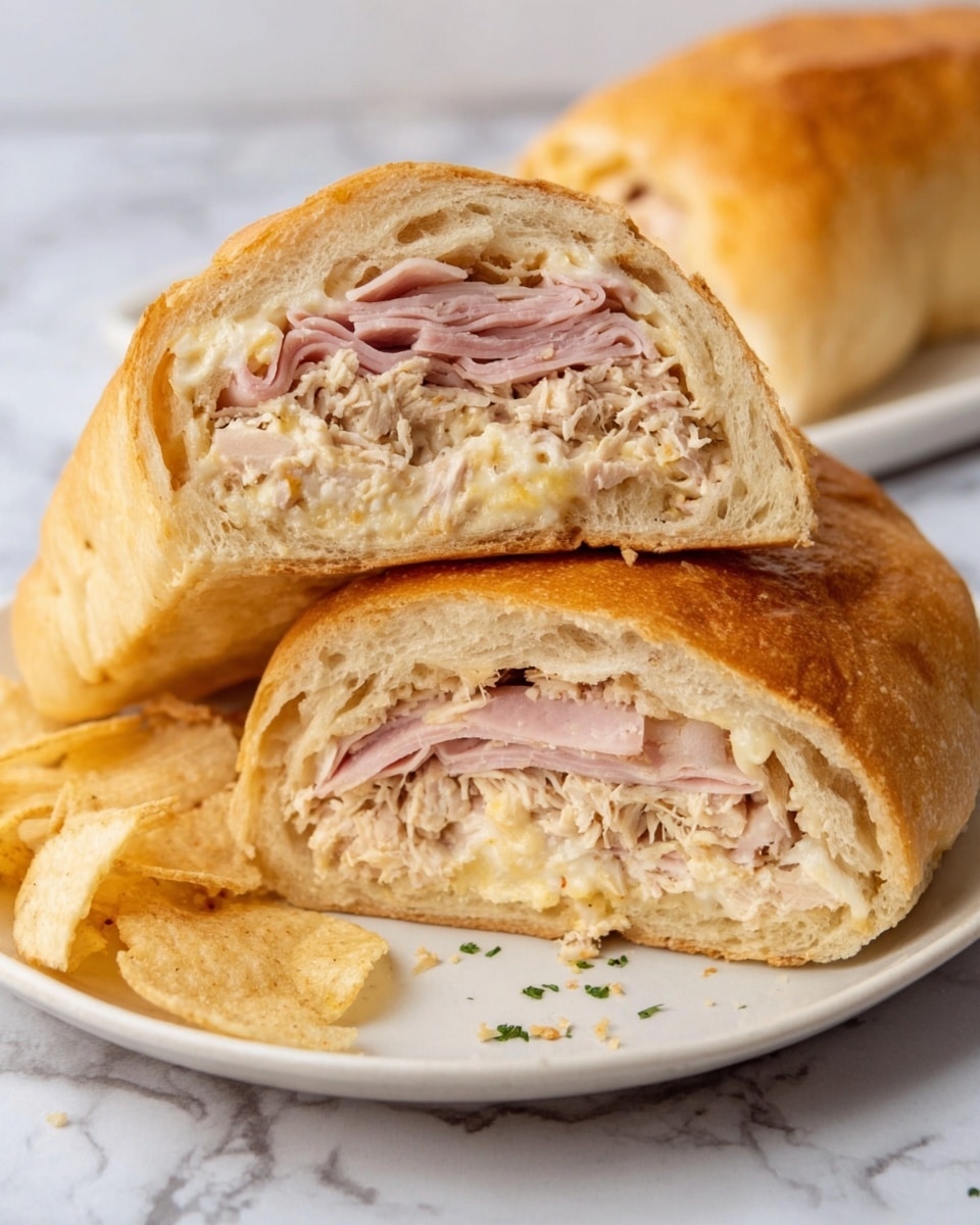 The image shows two halves of a stuffed bread roll placed on a white plate with a few light brown chips beside them. The bread is golden brown with a soft, slightly shiny crust. Inside the roll, there are three visible layers: a top layer of light pink shredded ham, a middle layer of creamy white cheese, and a bottom layer of finely shredded, light brown chicken. The filling looks moist and soft, contrasting with the bread’s crust. The background is a white marbled surface. Photo taken with an iphone --ar 4:5 --v 7