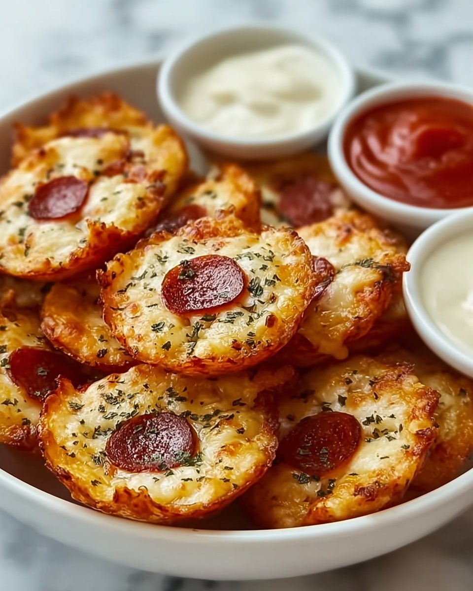The image shows a white bowl filled with many small, round pizza bites stacked together; each bite has a golden-brown crispy cheese layer with visible herbs sprinkled on top and a small, round pepperoni piece in the center. The cheese has a melted texture with slightly browned edges, and the pepperoni is dark red and slightly shiny. Behind the bowl, there are three small white containers with different sauces—one appears white and creamy, another is red and smooth, and the last one is off-white. The background surface has a white marbled texture. photo taken with an iphone --ar 4:5 --v 7