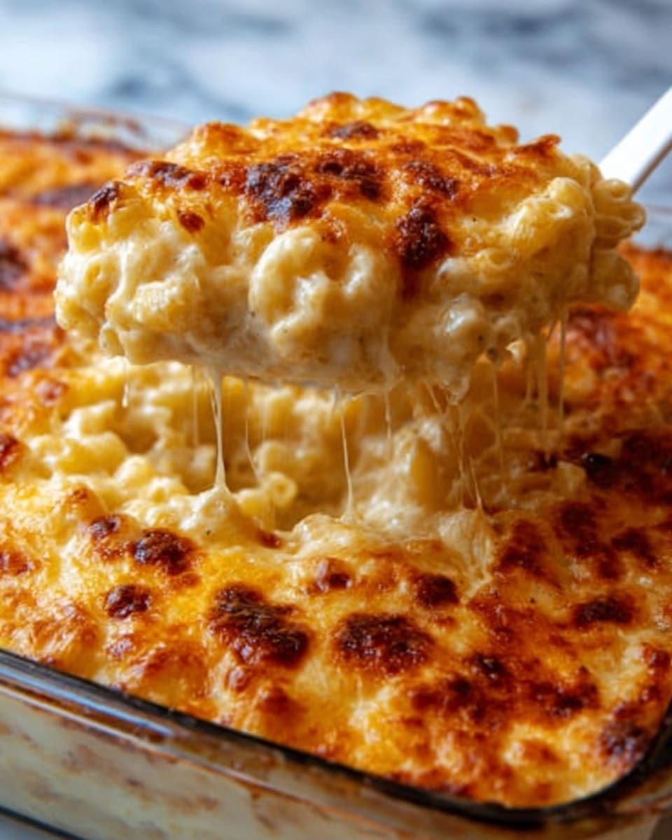 The image shows a close-up of a baked macaroni and cheese with a golden brown, crispy top layer made of melted and browned cheese. There are visible spots where the cheese is bubbly and slightly darkened. A white serving spoon lifts a scoop from the dish, revealing stretchy, gooey melted cheese underneath, along with soft macaroni noodles covered in creamy cheese sauce. The dish is in a clear glass pan against a white marbled surface. Photo taken with an iphone --ar 4:5 --v 7
