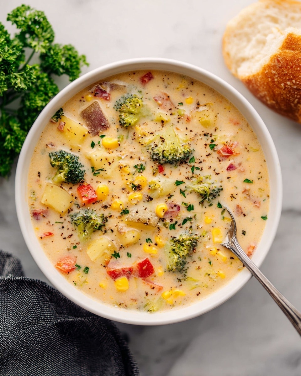 A white bowl filled with creamy soup showing multiple layers of vegetables including green broccoli florets, small red potato pieces, yellow corn kernels, and red tomato bits, all mixed into a thick beige broth sprinkled lightly with black pepper and herbs. A silver spoon rests inside the bowl on the right side, partially submerged in the soup. Around the bowl, there is a small bunch of fresh green parsley on the left, a piece of light brown crusty bread on the upper right, and a folded dark gray cloth on the lower left, all set on a white marbled surface. Photo taken with an iphone --ar 4:5 --v 7