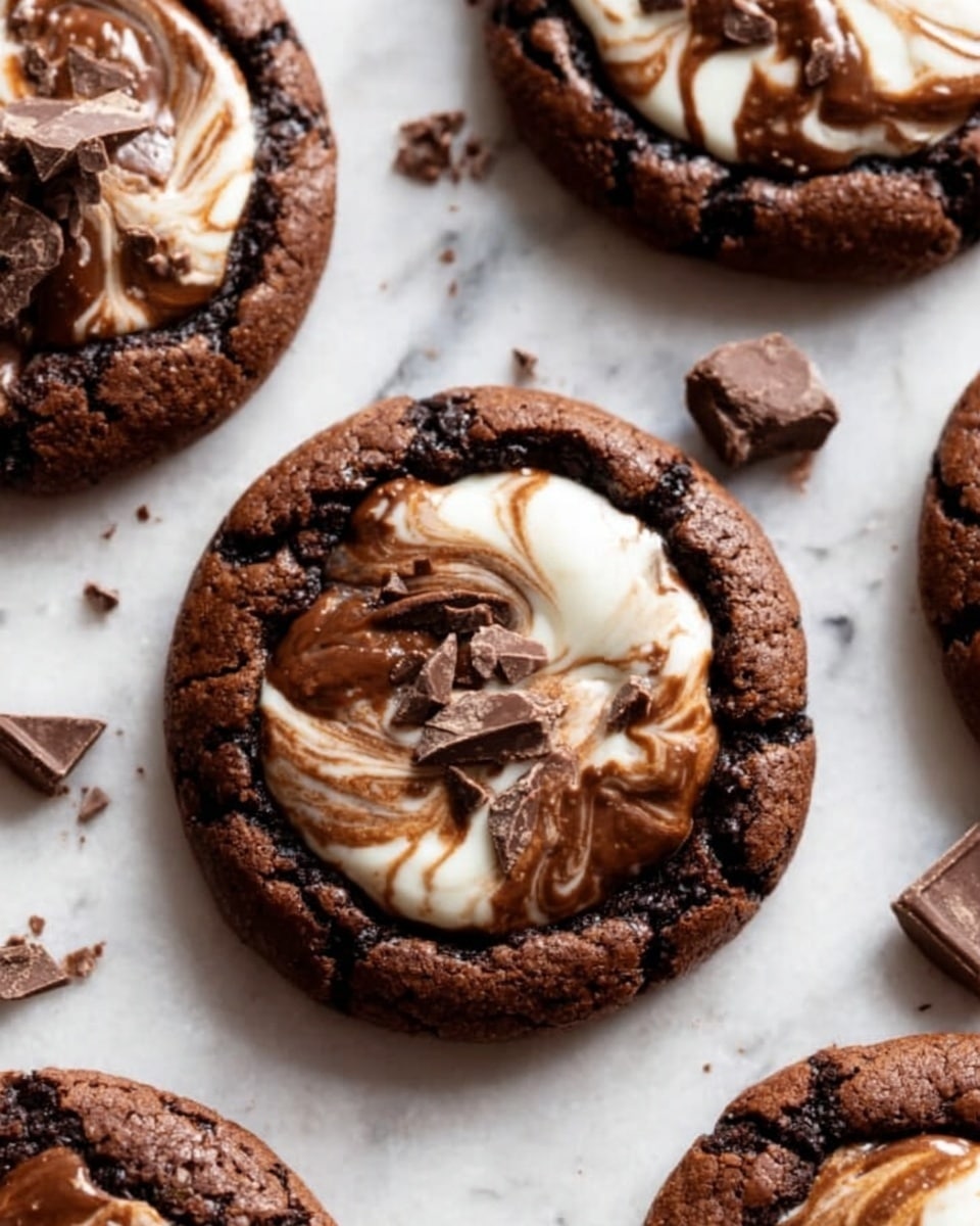 The image shows close-up of round chocolate cookies on a white marbled surface. Each cookie has three visible layers: the bottom layer is dark brown and cracked with a rough texture, the middle layer is swirled with smooth white and light brown creamy icing in the center, and small pieces of chocolate are scattered around on the surface. Light from above highlights the glossiness of the creamy layer and the dark cracks of the cookie. Photo taken with an iphone --ar 4:5 --v 7