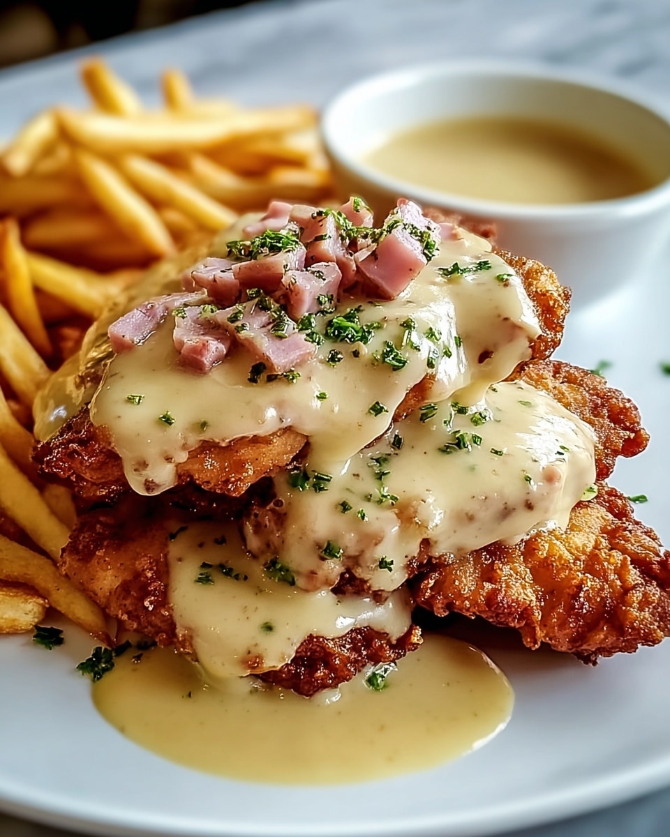 A white plate with a stack of three crispy golden-brown fried chicken pieces layered at the center, each covered in a smooth, creamy beige sauce sprinkled with small bits of green herbs. On top of the chicken is a layer of pinkish diced ham partly submerged in the sauce. To the left side of the plate, there is a small pile of light golden French fries with a soft texture. On the right, a white small bowl filled with the same beige sauce sits next to the chicken. The plate rests on a white marbled surface. photo taken with an iphone --ar 4:5 --v 7