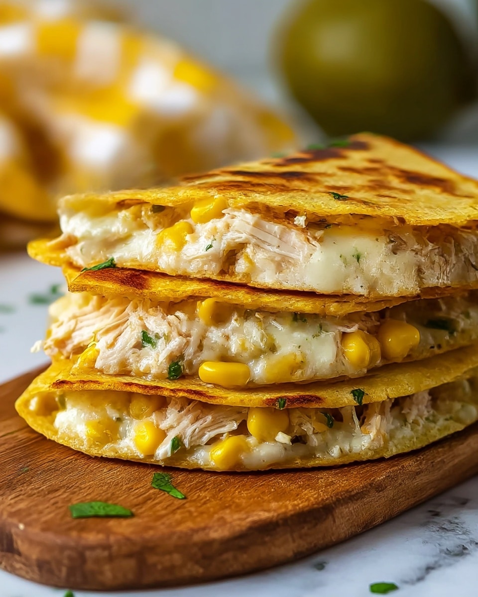 Two golden brown, crispy corn tortillas stacked on a wooden board, each folded into a taco shape. Inside each tortilla, there are visible layers of creamy white melted cheese, tender shredded chicken with a light beige color, yellow corn kernels, and bits of green herbs sprinkled throughout. The tortillas have a slightly charred texture with some darker brown spots and small green herb pieces on top. The image has a warm, close-up focus showing the juicy, soft filling bursting slightly from the edges. The background includes a soft yellow and white checkered cloth and a blurry olive-green object, all set on a white marbled surface. photo taken with an iphone --ar 4:5 --v 7