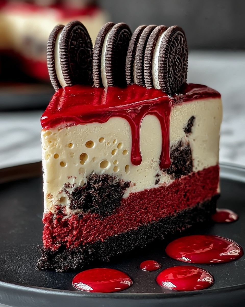 A slice of layered cake with a crumbly dark chocolate base, topped by a smooth, creamy white layer with small holes, followed by a thick red velvet layer with embedded dark cookie chunks. The top is covered with shiny red jelly that drips down the side, and five whole dark chocolate sandwich cookies are placed upright across the top. There are drops of shiny red jelly on the black plate holding the cake, and everything rests on a white marbled surface. photo taken with an iphone --ar 4:5 --v 7