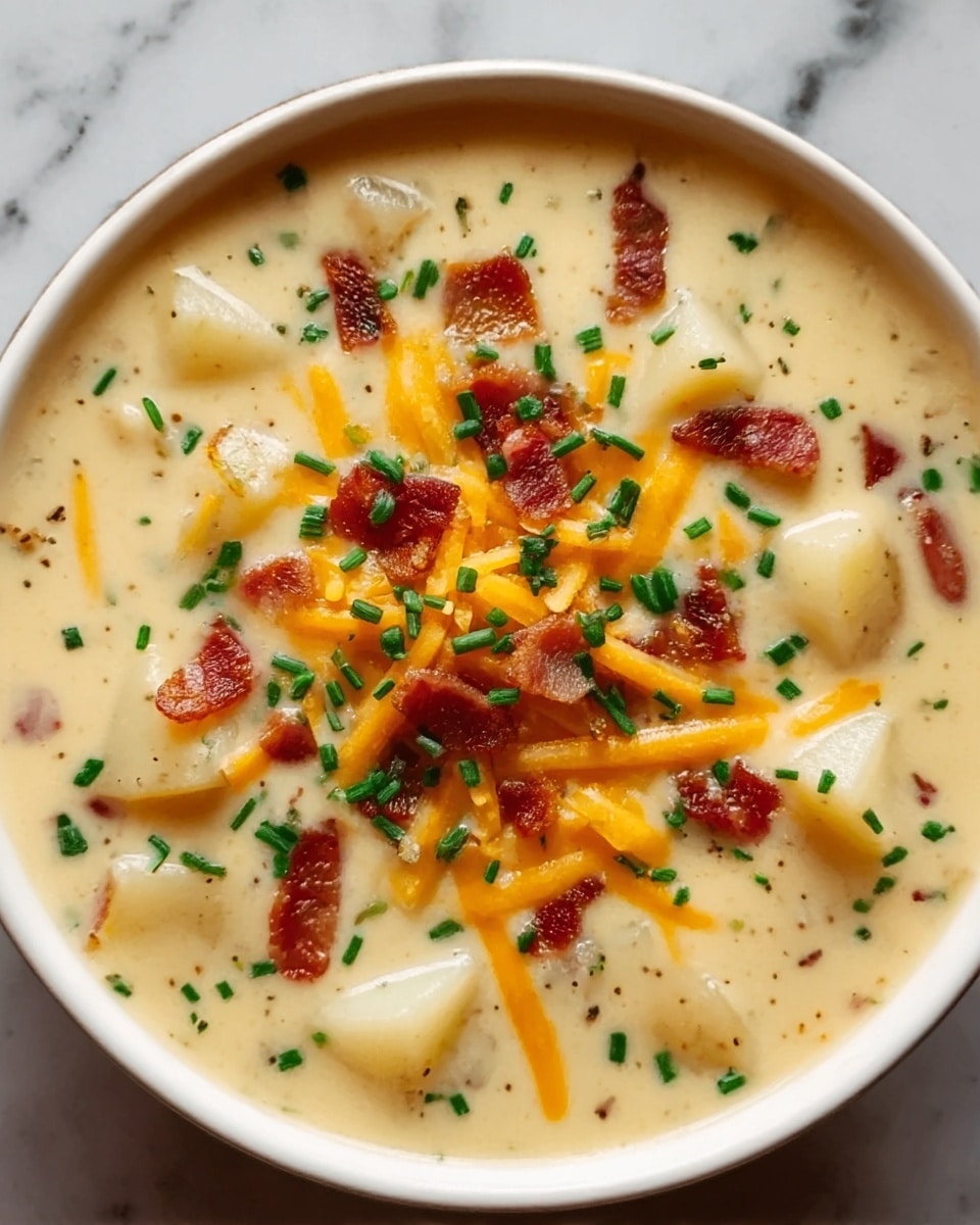 A creamy soup served in a white bowl with a thick light yellow base filled with chunks of pale potato pieces. The top layer is sprinkled with small crispy bacon bits that are reddish-brown and shredded orange cheddar cheese. Small green chopped chives are scattered on top, adding a fresh contrast. The dish sits on a white marbled surface. photo taken with an iphone --ar 4:5 --v 7