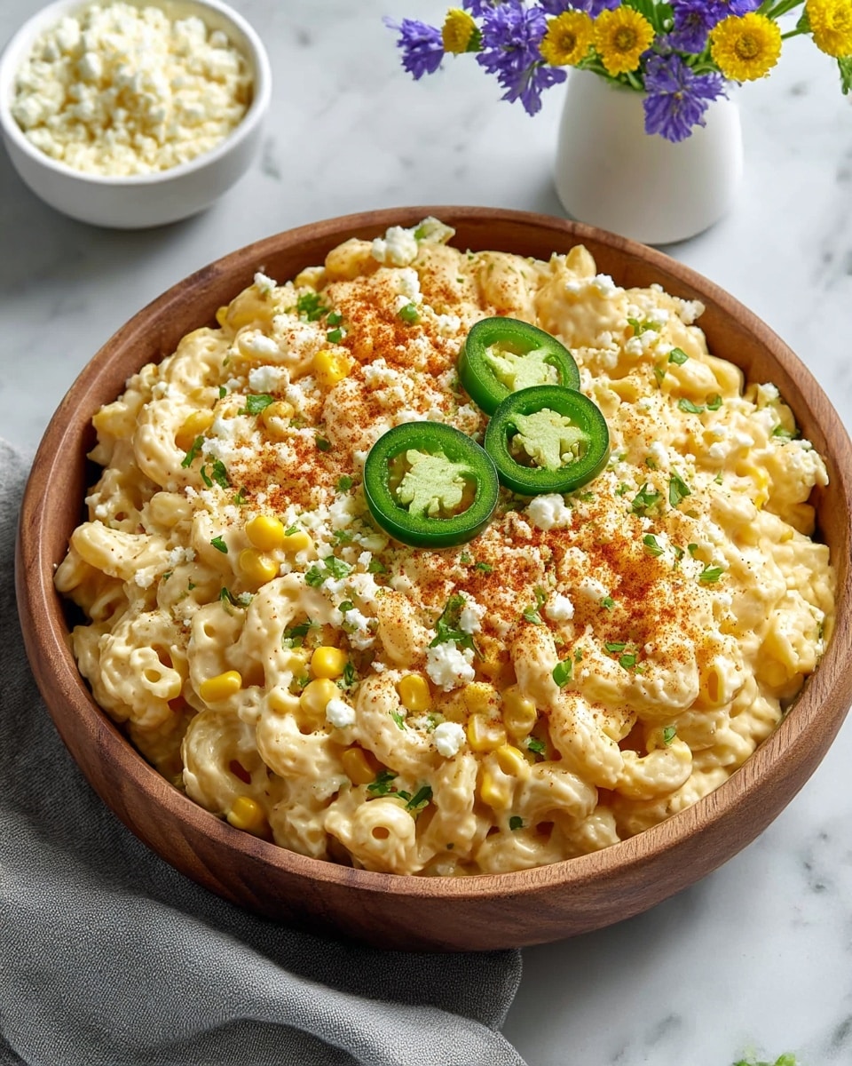 A wooden bowl filled with creamy macaroni and cheese as the base layer, with pale yellow melted cheese coating the curly pasta shapes evenly. Scattered bright yellow corn kernels add texture and color throughout the macaroni. The top layer is sprinkled with crumbly white cheese and finely chopped fresh green herbs, giving a fresh touch. Two thin round slices of green jalapeño pepper lie on top, adding a pop of dark green with visible seeds. There is a light dusting of reddish-brown spice powder spread over the top for contrast. The bowl sits on a white marbled surface with a gray cloth partially underneath. A small white bowl filled with crumbly white cheese is visible in the background, along with a small white vase holding purple and yellow flowers. Photo taken with an iphone --ar 4:5 --v 7