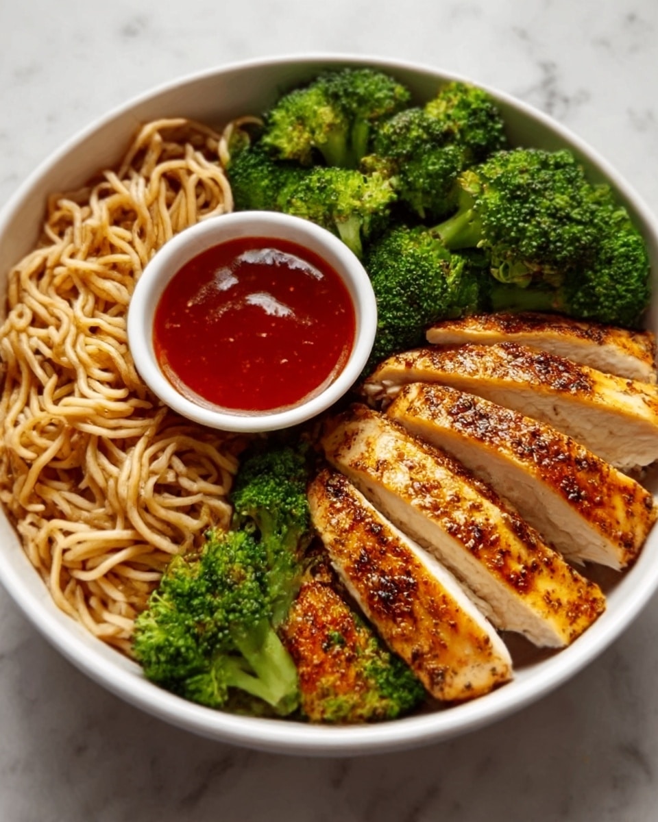A white bowl is filled with three main sections: on the left, there is a heap of lightly brown cooked noodles with a smooth texture; next to it, a generous portion of bright green steamed broccoli florets with a slightly rough surface; on the right, golden-brown grilled chicken breast sliced into six even pieces, showing a slightly charred texture with spices visible on top. A small white cup filled with red sauce is placed at the back center of the bowl. The bowl sits on a white marbled surface. photo taken with an iphone --ar 4:5 --v 7