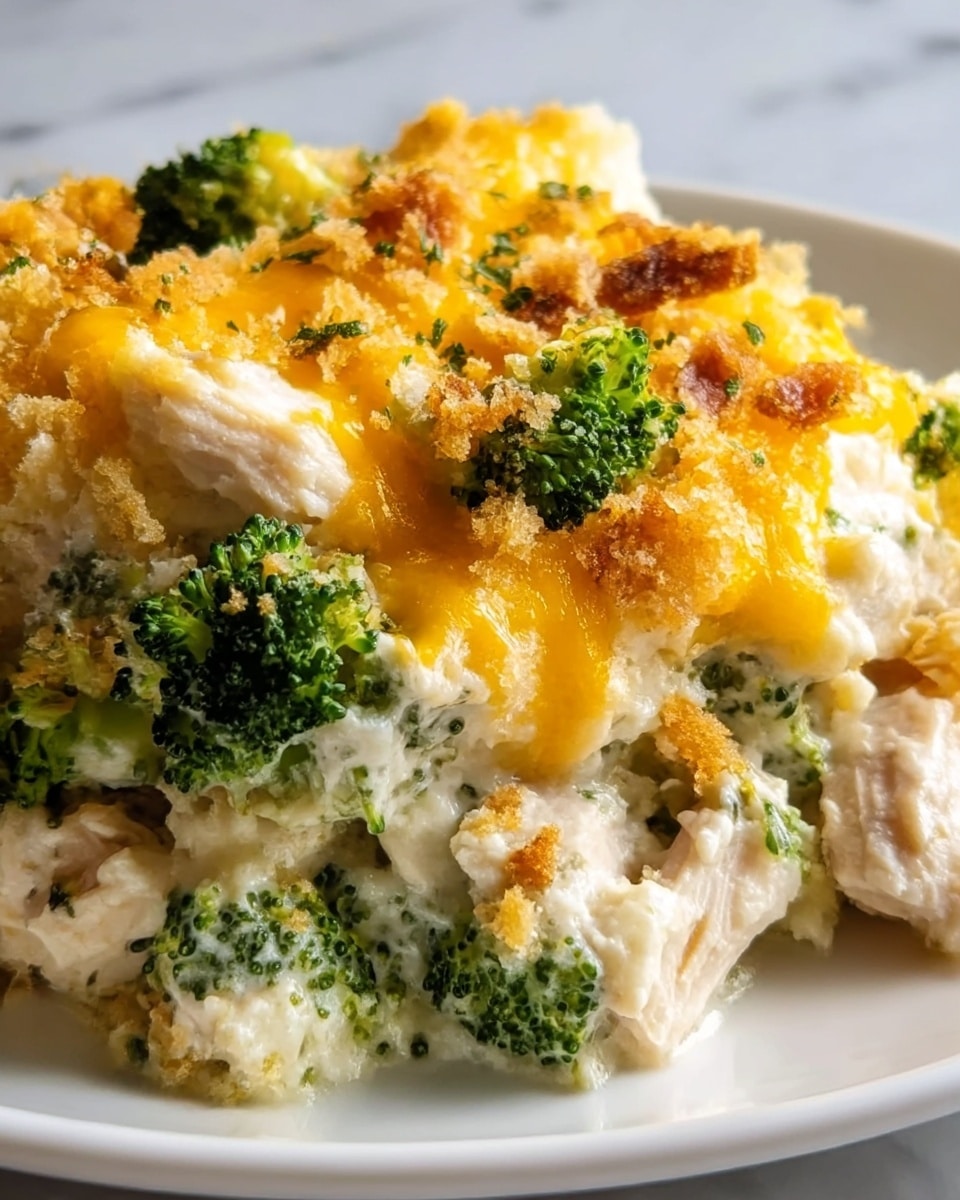 The image shows a close-up of a creamy casserole served on a white plate, with several layers visible. The base layer appears to be soft, white chicken pieces mixed with small green broccoli florets spread throughout. Over this, there is a thick white sauce coating the chicken and broccoli, giving a smooth texture. On top, there is a golden melted cheddar cheese layer that is slightly browned and crispy in some spots. Small bits of crunchy brown breadcrumbs and green herb bits are sprinkled on the very top, adding texture and color contrast to the cheese. The background is a white marbled surface. photo taken with an iphone --ar 4:5 --v 7