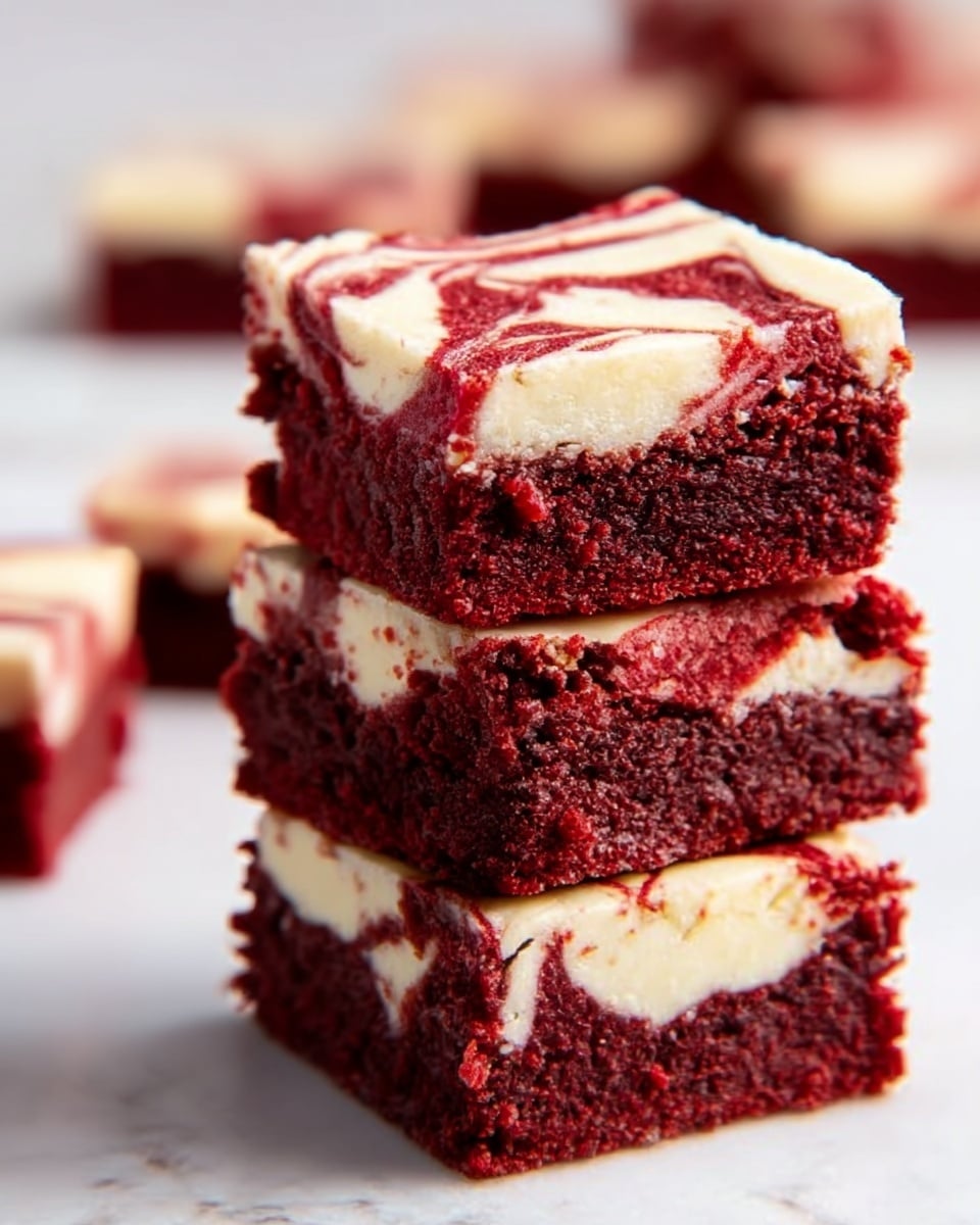 A stack of three square red velvet brownies with white cream cheese swirls on top sits on a white marbled surface. The brownies have a rich dark red color with creamy white patterns unevenly spread on the top layer. The texture looks soft and slightly crumbly, with the edges of the brownies clean and sharp. In the blurred background, more brownies are visible on the same white marbled surface. photo taken with an iphone --ar 4:5 --v 7