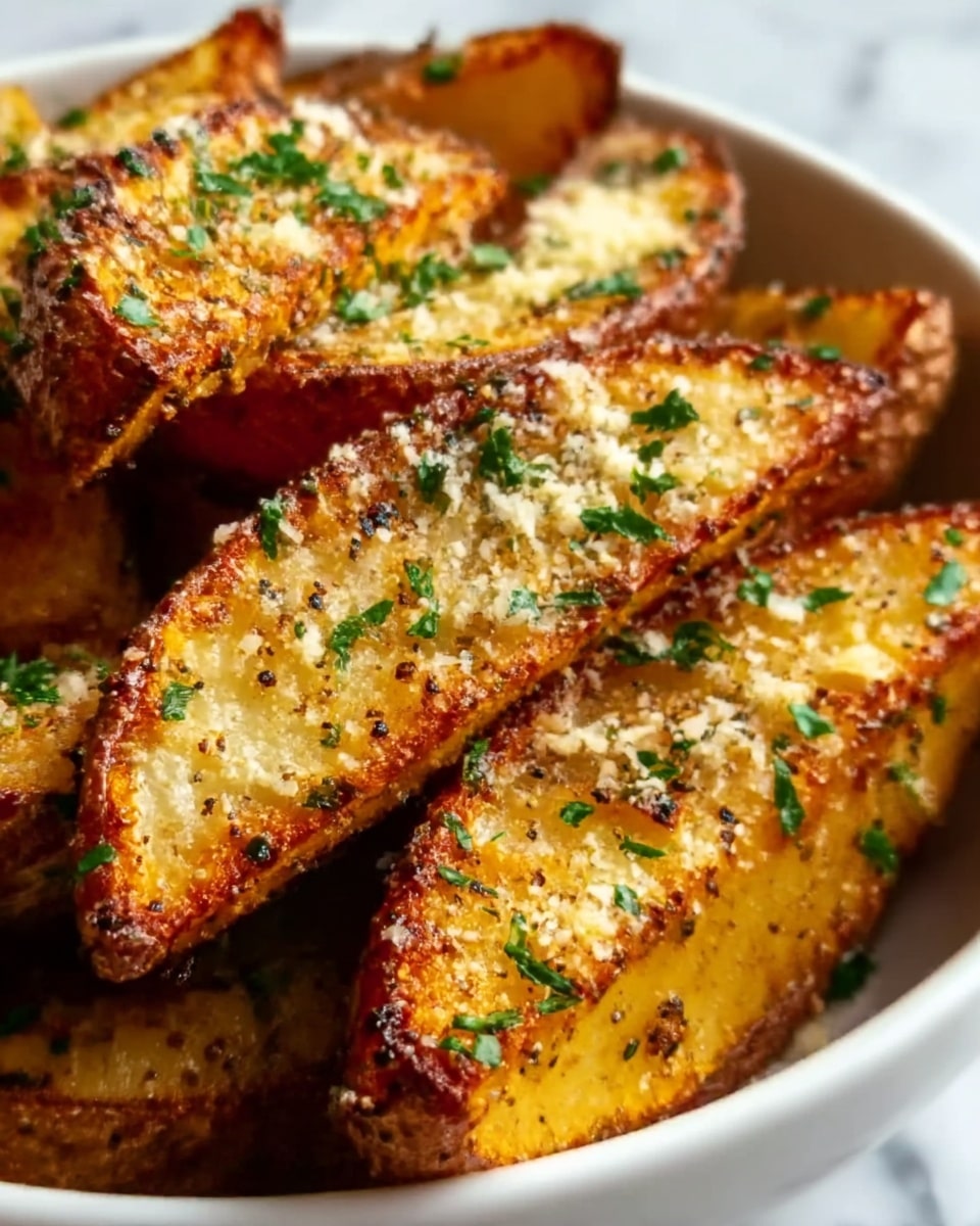 The image shows a close-up of golden potato wedges arranged in layers inside a white bowl. Each wedge has a crispy, browned outer layer with visible seasoning of black pepper and herbs, topped with finely chopped green parsley and a light sprinkle of grated cheese. The texture looks crunchy on the outside and soft inside. The white bowl sits on a white marbled surface. Photo taken with an iphone --ar 4:5 --v 7