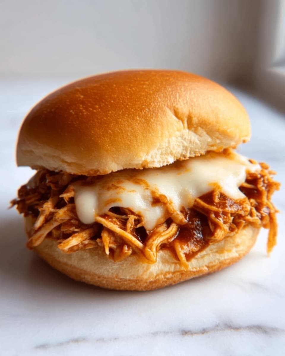 A close-up of a pulled chicken sandwich on a soft, golden brown bun with a smooth, slightly shiny top. The sandwich is filled with shredded chicken covered in a rich, reddish-brown barbecue sauce. Melted white cheese sits melted and creamy on top of the chicken, oozing slightly between the layers. The sandwich is placed on a white surface with a white marbled texture background, showing natural light coming from the left side. Photo taken with an iphone --ar 4:5 --v 7