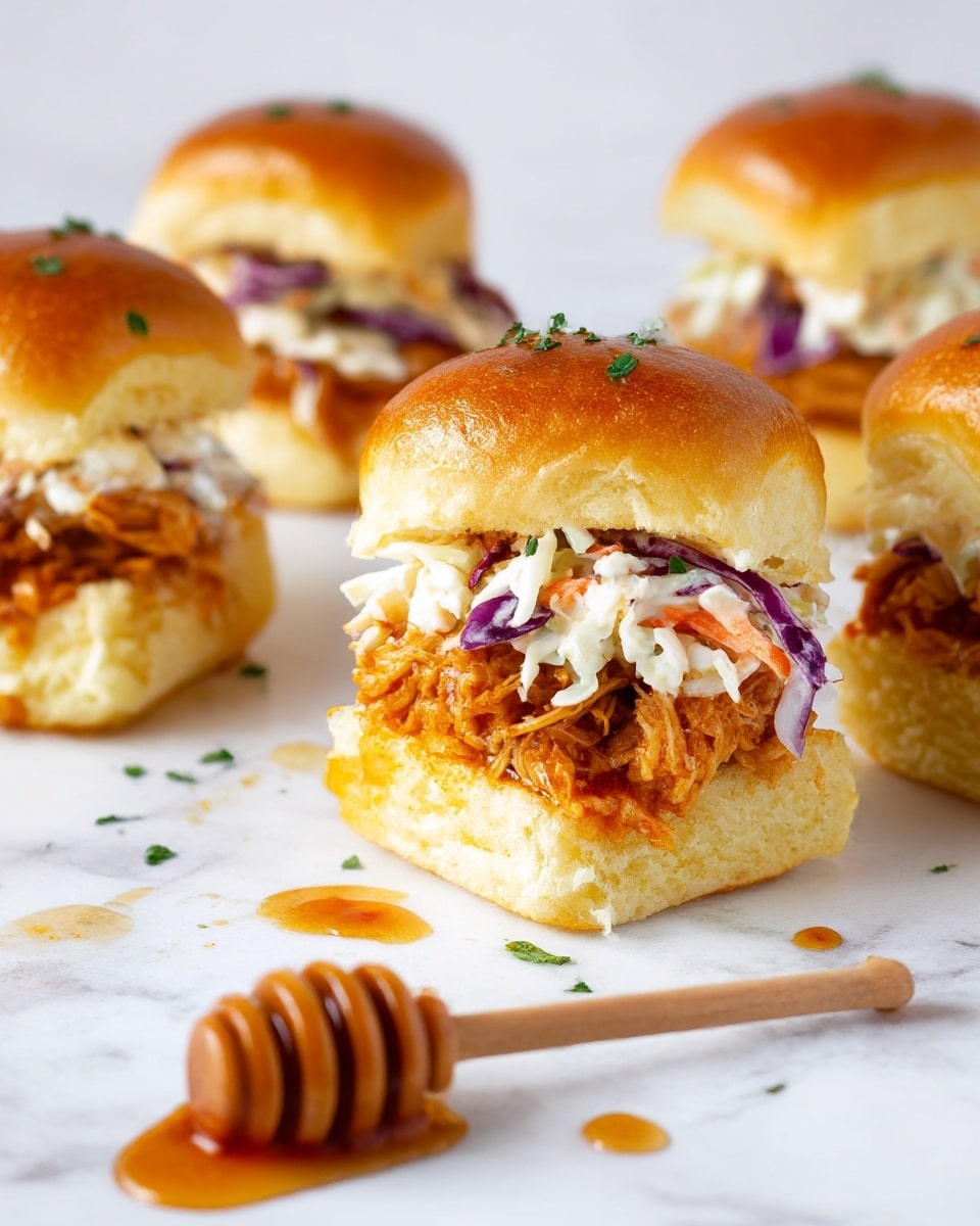 The image shows four small sandwiches on a white marbled surface with a few drops of sauce around them. Each sandwich has three layers: the bottom layer is a soft, golden-brown bun, the middle layer is saucy shredded meat with an orange-brown color, and the top layer has a creamy white coleslaw mixed with purple and orange shredded vegetables. The sandwich top is a shiny golden bun sprinkled with small green herbs. In front of the closest sandwich, there is a wooden honey dipper with a bit of reddish-brown sauce on it. Photo taken with an iphone --ar 4:5 --v 7
