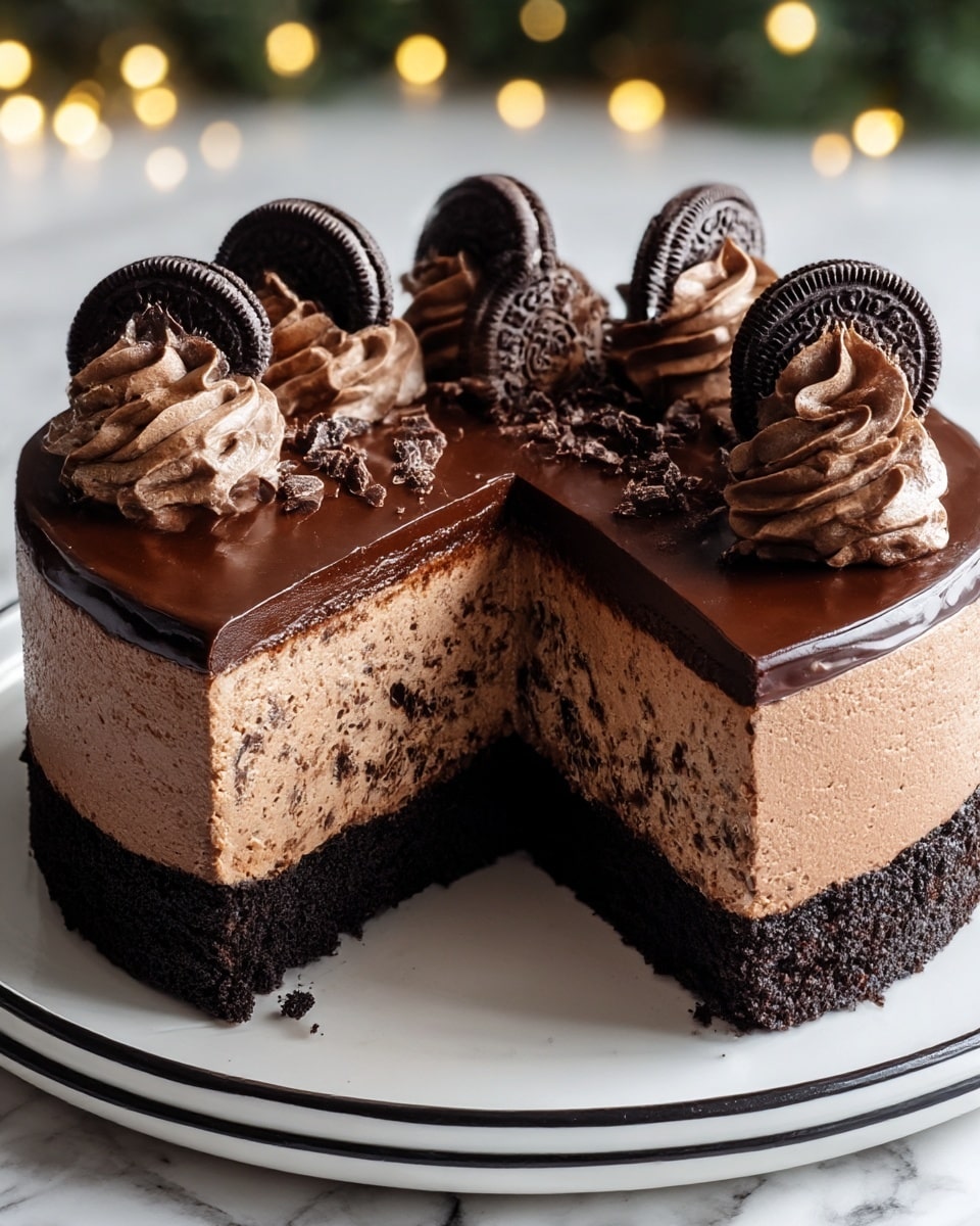A rich three-layer chocolate cake is shown with one slice removed, revealing its inside. The bottom layer is a dark, crumbly chocolate crust. Above it is a thick, creamy middle layer speckled with chocolate bits, which looks light and fluffy. The top layer is a smooth, glossy chocolate ganache covering the entire cake and finishing with five swirls of chocolate cream topped with whole chocolate sandwich cookies evenly spaced around the edge. The cake sits on a white plate with a black rim, set against a white marbled surface, with soft blurred lights in the background. Photo taken with an iphone --ar 4:5 --v 7