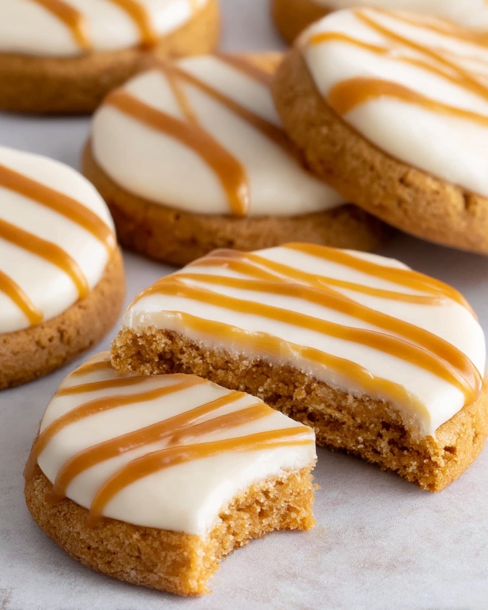 The image shows close-up views of four round cookies with three clear layers each: a thick, grainy, golden-brown cookie base with a crumbly texture; a smooth, thick white cream layer on top that looks soft and fluffy; and light brown caramel drizzle arranged in diagonal lines across the tops of the cream. One cookie is bitten, revealing the soft interior of the cookie layer below the creamy top. The cookies are placed on a light surface with a subtle texture. photo taken with an iphone --ar 4:5 --v 7