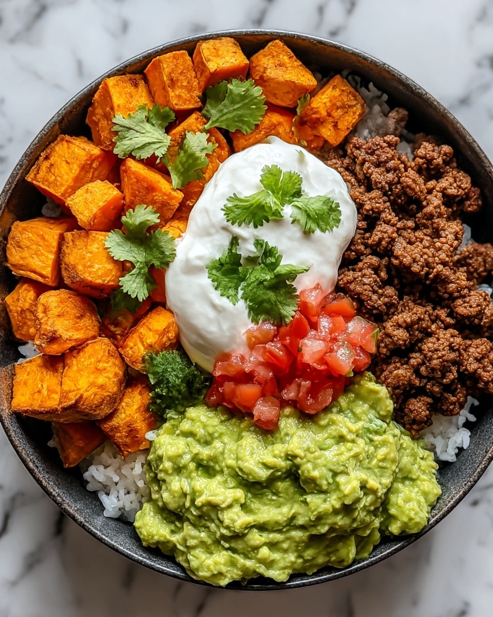 A round bowl with a base layer of white rice, topped with four distinct sections: bright orange roasted sweet potato cubes sprinkled with green cilantro leaves on the left, crumbled cooked ground beef with a rich brown color on the right, and a chunky green guacamole with visible avocado pieces on the bottom; in the center, there is a dollop of smooth white sour cream garnished with more cilantro leaves, with a small pile of finely chopped red tomatoes resting on the ground beef, all set against a white marbled texture. photo taken with an iphone --ar 4:5 --v 7