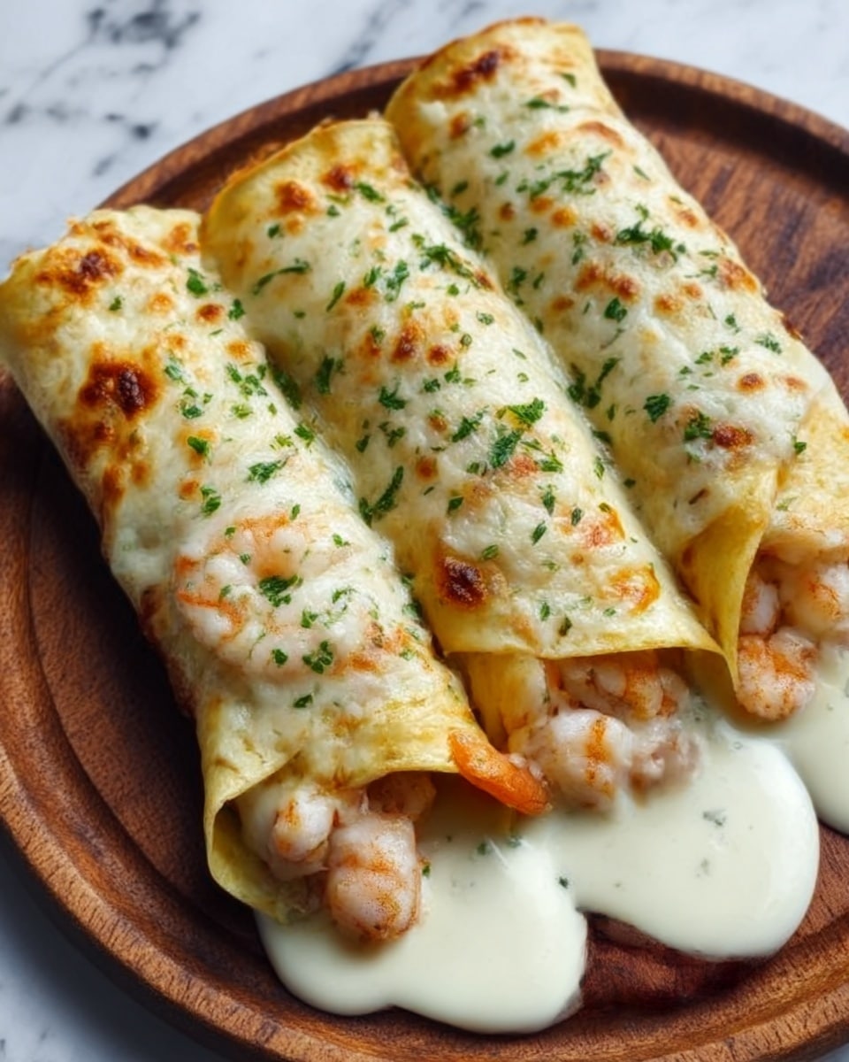 The image shows three rolled crepes filled with shrimp, arranged side by side on a round wooden board. Each crepe is golden brown and covered with a thick layer of melted white cheese sauce, slightly browned on top with small bits of green herbs sprinkled over it. The creamy white sauce is spilling out from the ends, creating a smooth and glossy texture contrasting with the soft crepe and shrimp inside. The wooden board sits on a white marbled surface. photo taken with an iphone --ar 4:5 --v 7