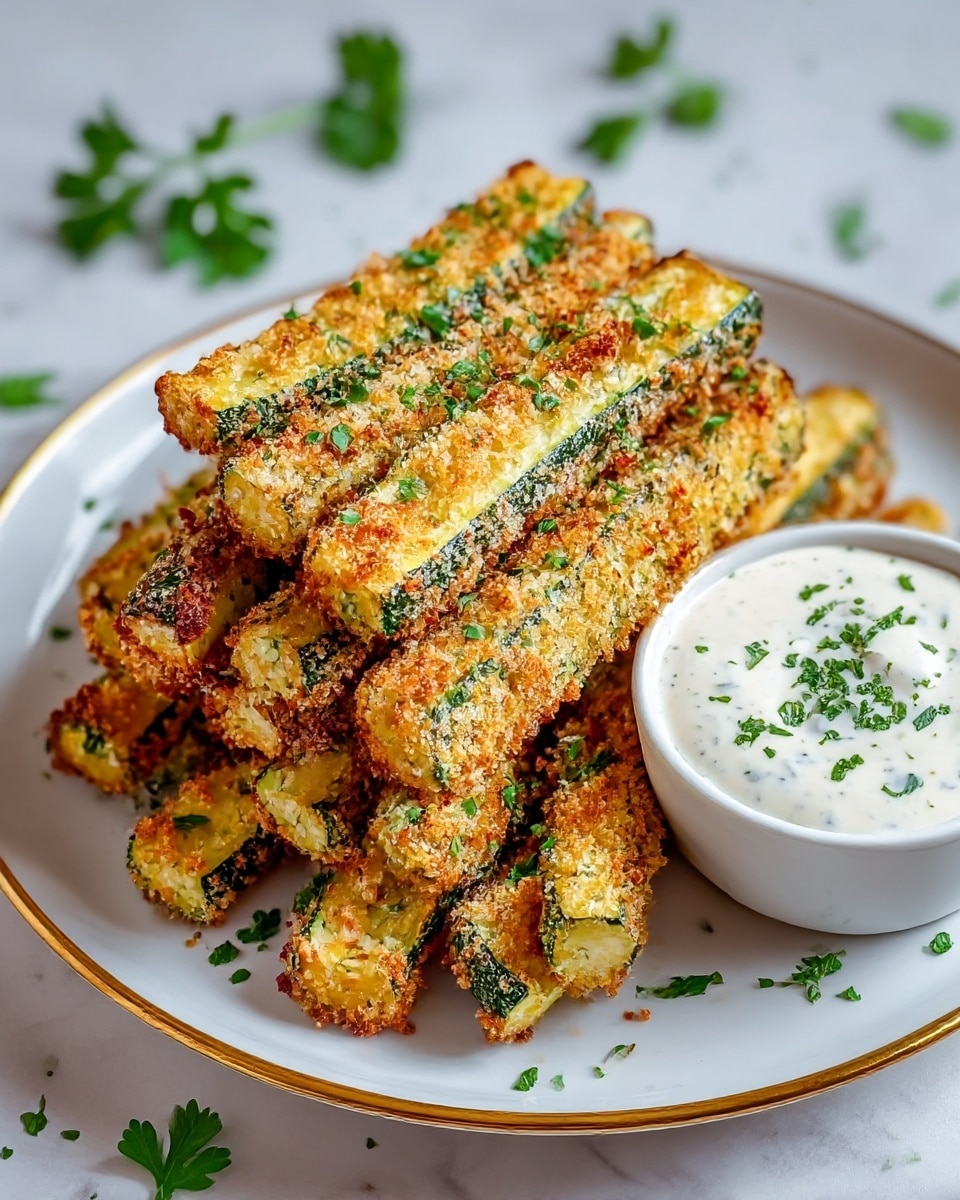 The image shows a white plate with a gold rim filled with golden brown, crispy zucchini sticks. There are about ten to twelve sticks arranged in a slightly messy stack, each stick coated in a crunchy breadcrumb and herb mixture with green flecks of parsley on top. The zucchini sticks have a mix of browned and lightly toasted textures, showing both soft green skin on the sides and golden crust on the top. On the right side of the plate, there is a small white bowl with creamy white dipping sauce, sprinkled with finely chopped green herbs. The plate sits on a white marbled texture background with some scattered parsley leaves around. photo taken with an iphone --ar 4:5 --v 7