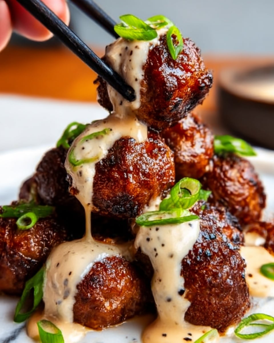 The image shows a cluster of six glossy, dark brown meatballs arranged closely together on a white marbled surface. Each meatball has a slightly charred, textured exterior giving them a rich, caramelized look. Creamy, light beige sauce with visible black pepper flakes is generously poured over the meatballs, dripping down the sides. Green slices of fresh scallions are sprinkled on top, adding a pop of color. A woman's hand using black chopsticks holds one meatball above the others, lifting it with sauce flowing down. Photo taken with an iphone --ar 4:5 --v 7