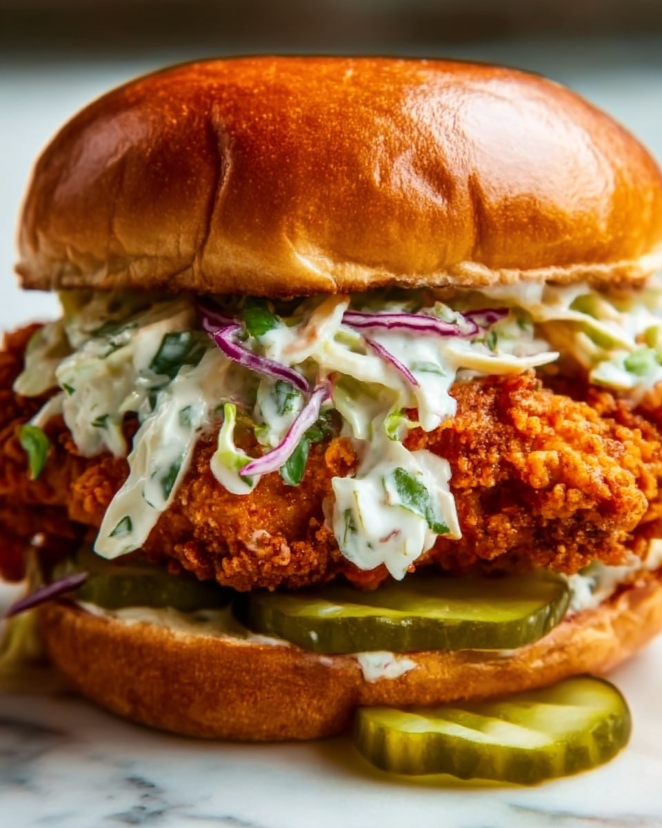 A close-up of a crispy fried chicken sandwich with a shiny golden-brown bun on top and bottom. Inside, there is a thick layer of crunchy, golden fried chicken with a rough texture, covered with white creamy coleslaw mixed with small bits of green herbs and thin purple cabbage strands. At the bottom, slices of green pickles add color beneath the chicken. The sandwich sits on a white marbled surface. Photo taken with an iphone --ar 4:5 --v 7