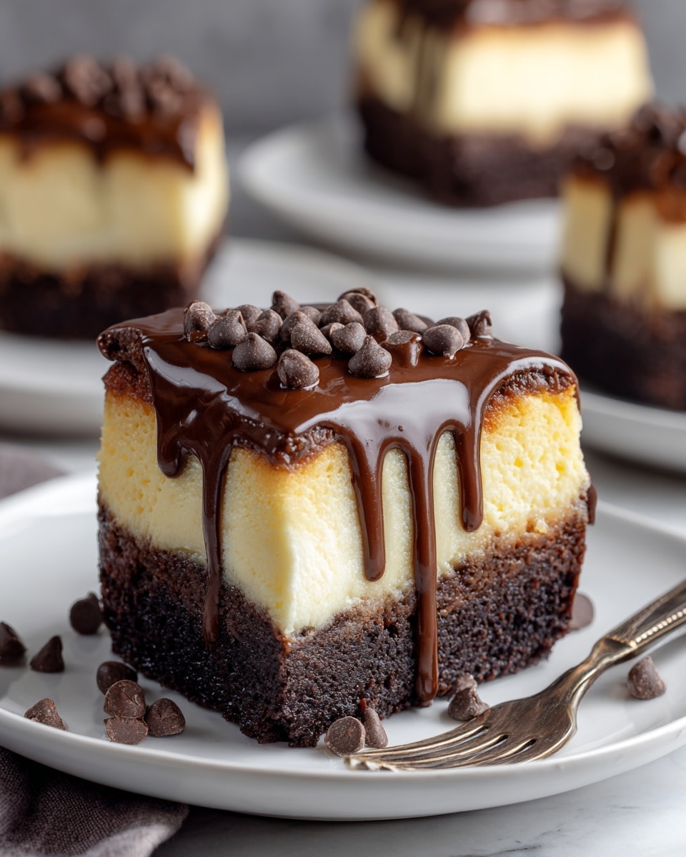 A close-up view of a slice of dessert with three clear layers is shown on a white plate with a fork beside it. The bottom layer is thick, dark brown, and moist like a brownie. The middle layer is creamy, pale yellow, and smooth like cheesecake. The top layer is a glossy dark brown chocolate sauce that drips down the sides, topped with small chocolate chips scattered on the sauce and plate. In the soft-focus background, more slices of the same dessert can be seen on white plates, all set on a white marbled surface. photo taken with an iphone --ar 4:5 --v 7