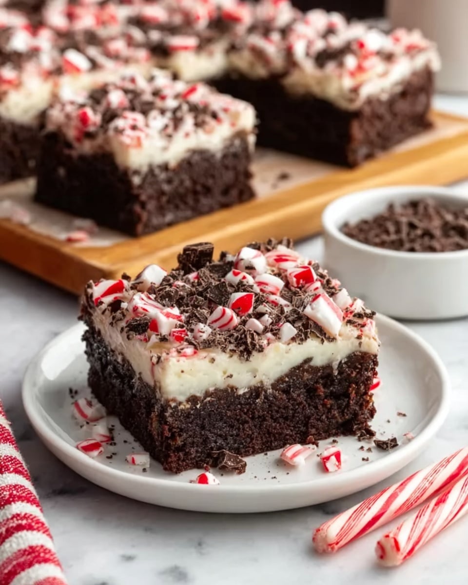 The image shows a close-up of a dessert square placed on a small white plate on a white marbled surface. The dessert has three main layers: a thick, dark brown chocolate brownie base, topped with a creamy white layer that looks smooth and soft, and finished with a sprinkle of crushed red and white peppermint candy pieces along with small dark chocolate shavings scattered on top. The texture of the brownie looks rich and dense, while the creamy layer is even and shiny. In the background, more dessert squares are visible, slightly blurred, and a small white bowl filled with dark chocolate shavings is placed nearby. A red and white striped candy cane lies on the surface in front. photo taken with an iphone --ar 4:5 --v 7