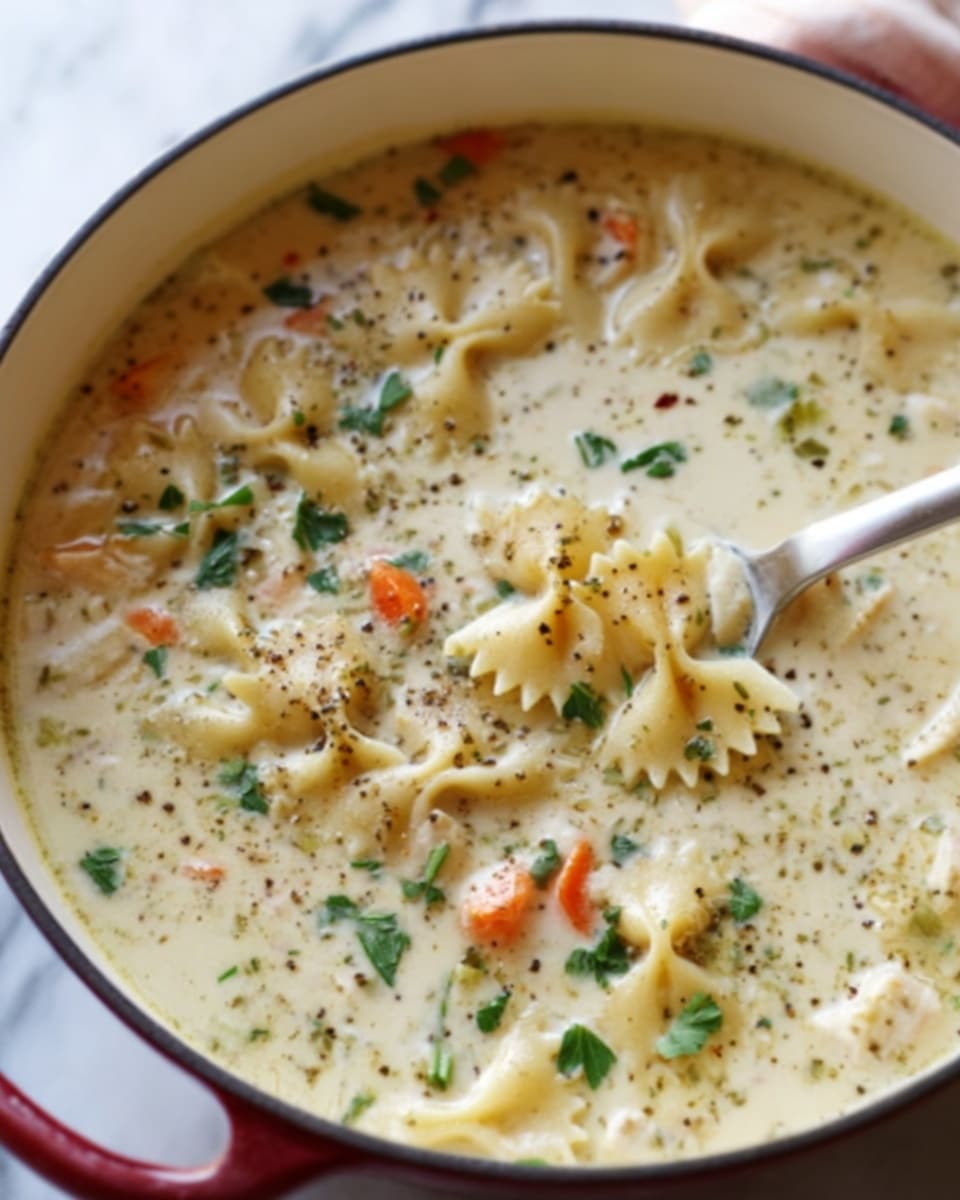 The image shows a white round pot filled with creamy soup. The soup has many small bow-tie pasta pieces floating on top, with bits of orange carrot and green herbs scattered throughout. The creamy broth looks thick and smooth with specks of black pepper and chopped parsley on the surface. A metal spoon is dipped into the soup on the right side. The background is a white marbled texture. Photo taken with an iphone --ar 4:5 --v 7