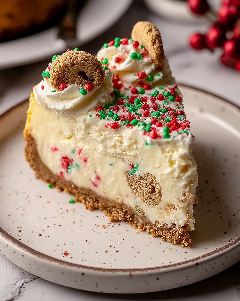 A single slice of cheesecake sits on a white plate with speckled detailing, placed on a white marbled texture. The dessert has three clear layers: a bottom layer of crumbly brown crust, a thick middle layer of smooth white cheesecake with red and green sprinkles and two small cookie pieces embedded, and a top layer of creamy white frosting covered in red, green, and white round sprinkles. The cheesecake looks rich and dense, with a slightly crumbly texture on the edges. Photo taken with an iphone --ar 4:5 --v 7