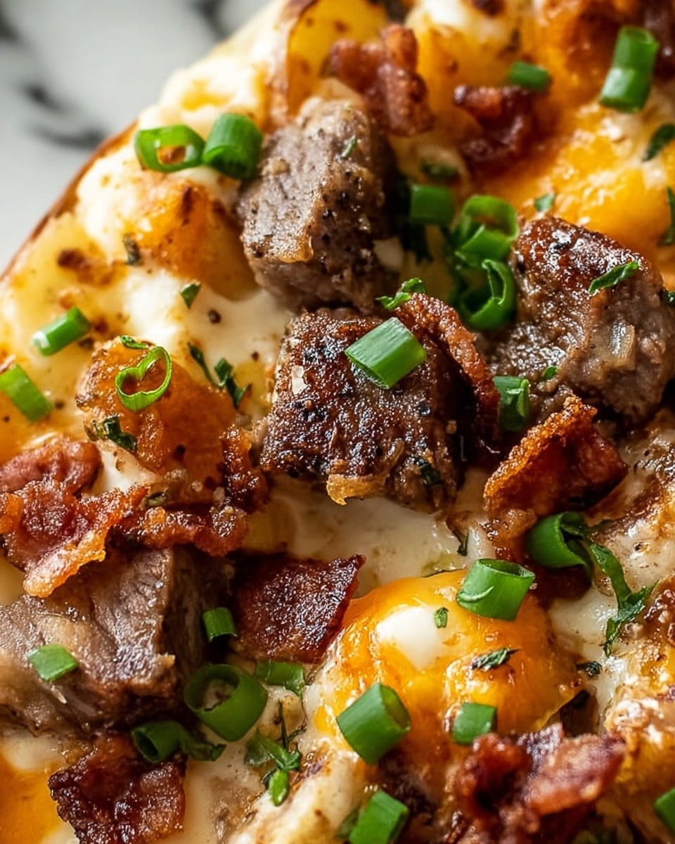 The close-up image shows a hearty dish with multiple layers, starting with creamy melted cheese that is golden-orange with a gooey texture spread over smooth potato slices. On top, there are tender, juicy beef pieces with a slightly charred, browned surface, layered with crisp, dark reddish-brown bacon bits scattered throughout. Small green onion pieces add a fresh pop of green all over the dish. The background is a white marbled surface, enhancing the warm and rich colors of the food. Photo taken with an iphone --ar 4:5 --v 7