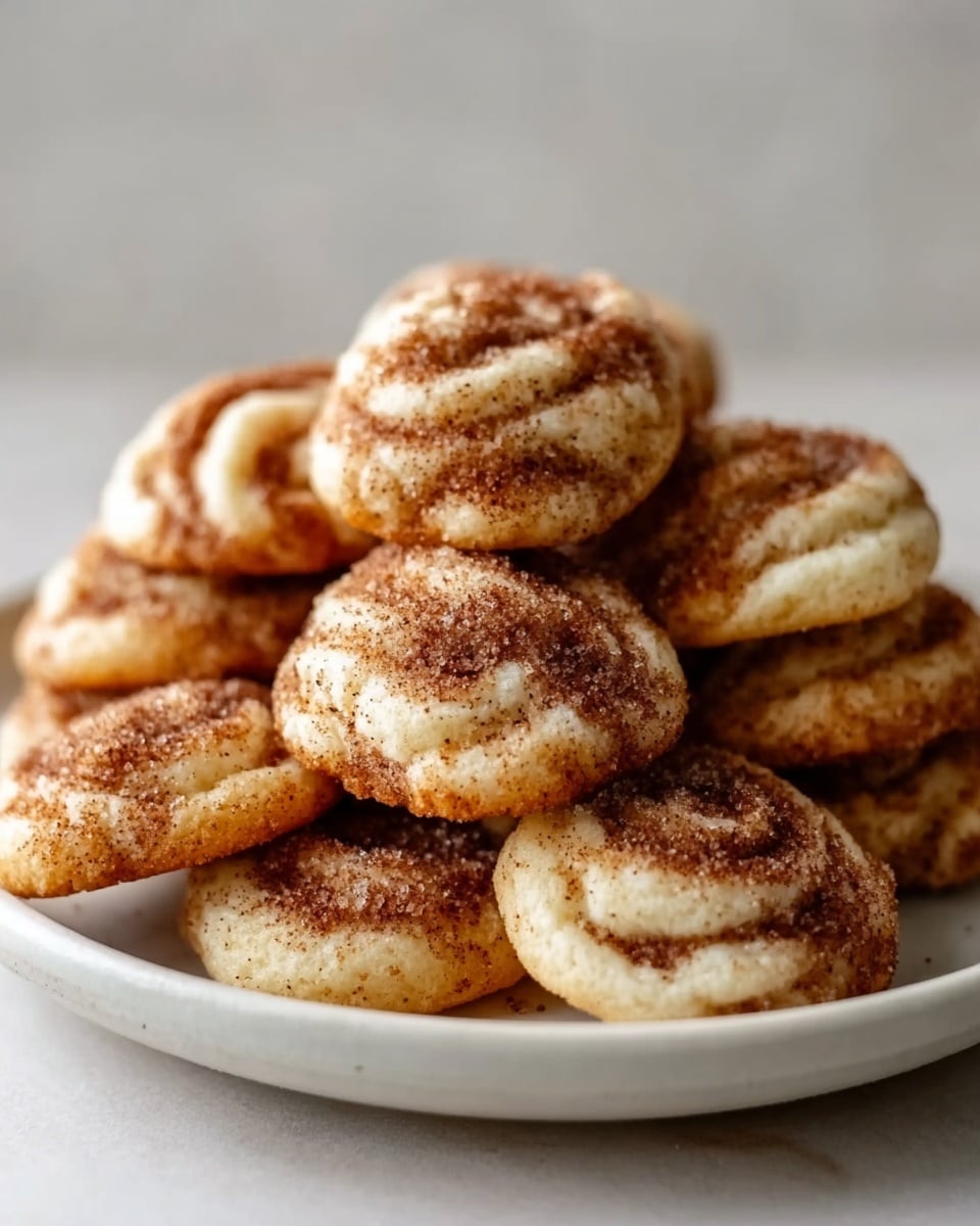 A white plate filled with small round cookies, each cookie has a swirled pattern with light golden brown dough and darker brown cinnamon sugar sprinkled on top, the texture looks soft and slightly crumbly, the cookies are piled in a small mound on the plate, the background is a white marbled texture. photo taken with an iphone --ar 4:5 --v 7
