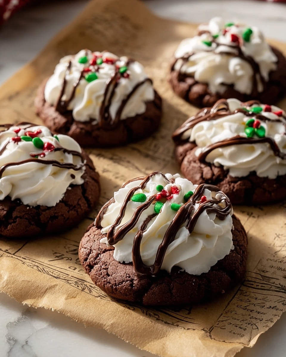 Five chocolate cookies are placed on a single layer of brown parchment paper with old-fashioned writing, which rests on a white marbled surface. Each cookie is thick and round with a dark, cracked texture, topped with a generous swirl of smooth white whipped cream. Drizzled over the whipped cream are thin lines of glossy dark chocolate sauce. Small round sprinkles in red and green colors are scattered on top of the whipped cream, adding a festive touch. The cookies are arranged in a loose cluster with warm natural light casting soft shadows. Photo taken with an iphone --ar 4:5 --v 7