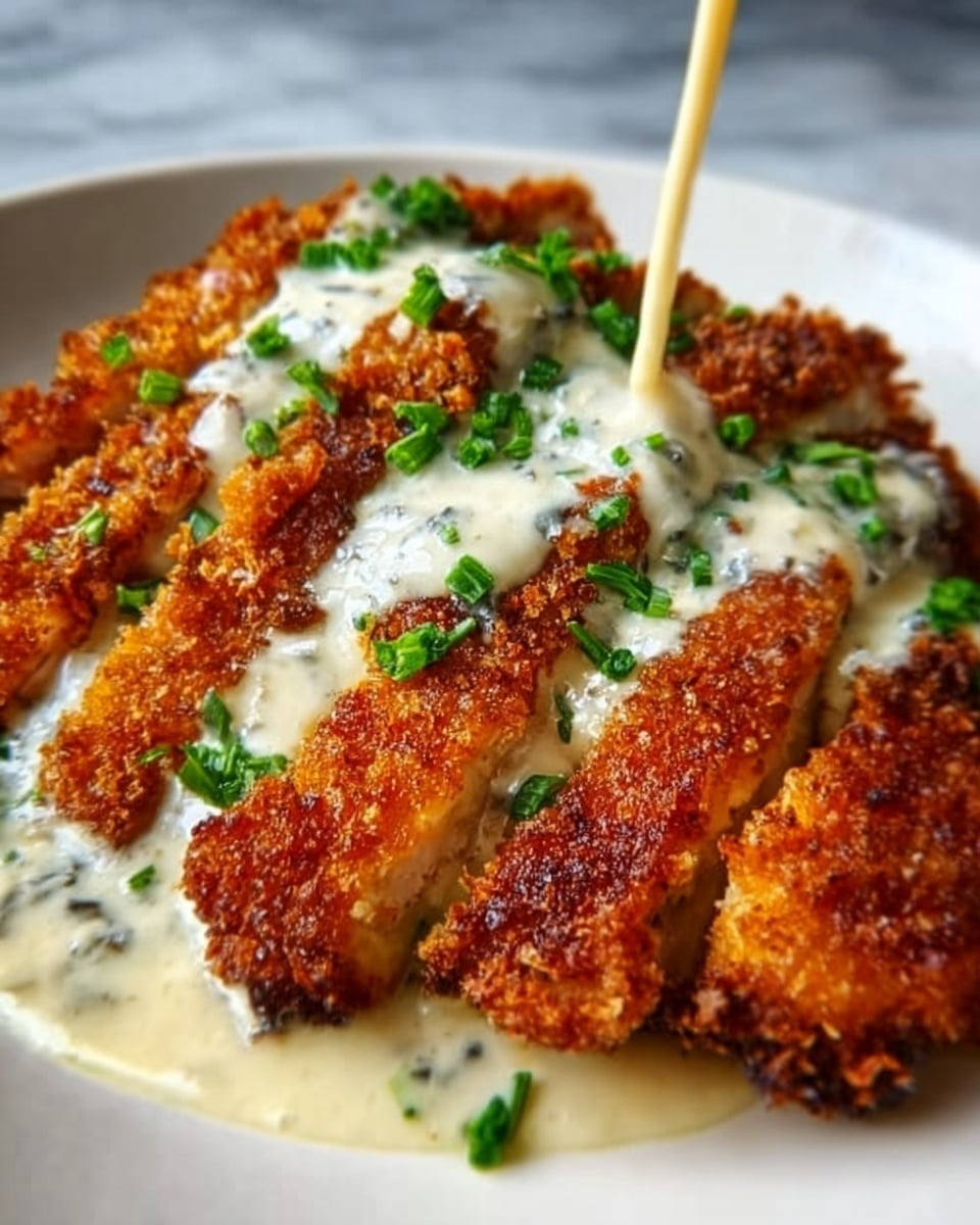The image shows a close-up of a crispy, golden-brown fried chicken cutlet that has been sliced into thick strips. Each strip has a crunchy, crumb-coated surface with a slightly rough texture. Creamy white sauce with herbs is poured over the middle, dripping down the sides, and small pieces of chopped green parsley are sprinkled on top, adding color contrast. The dish is set on a white plate, placed on a white marbled surface. photo taken with an iphone --ar 4:5 --v 7