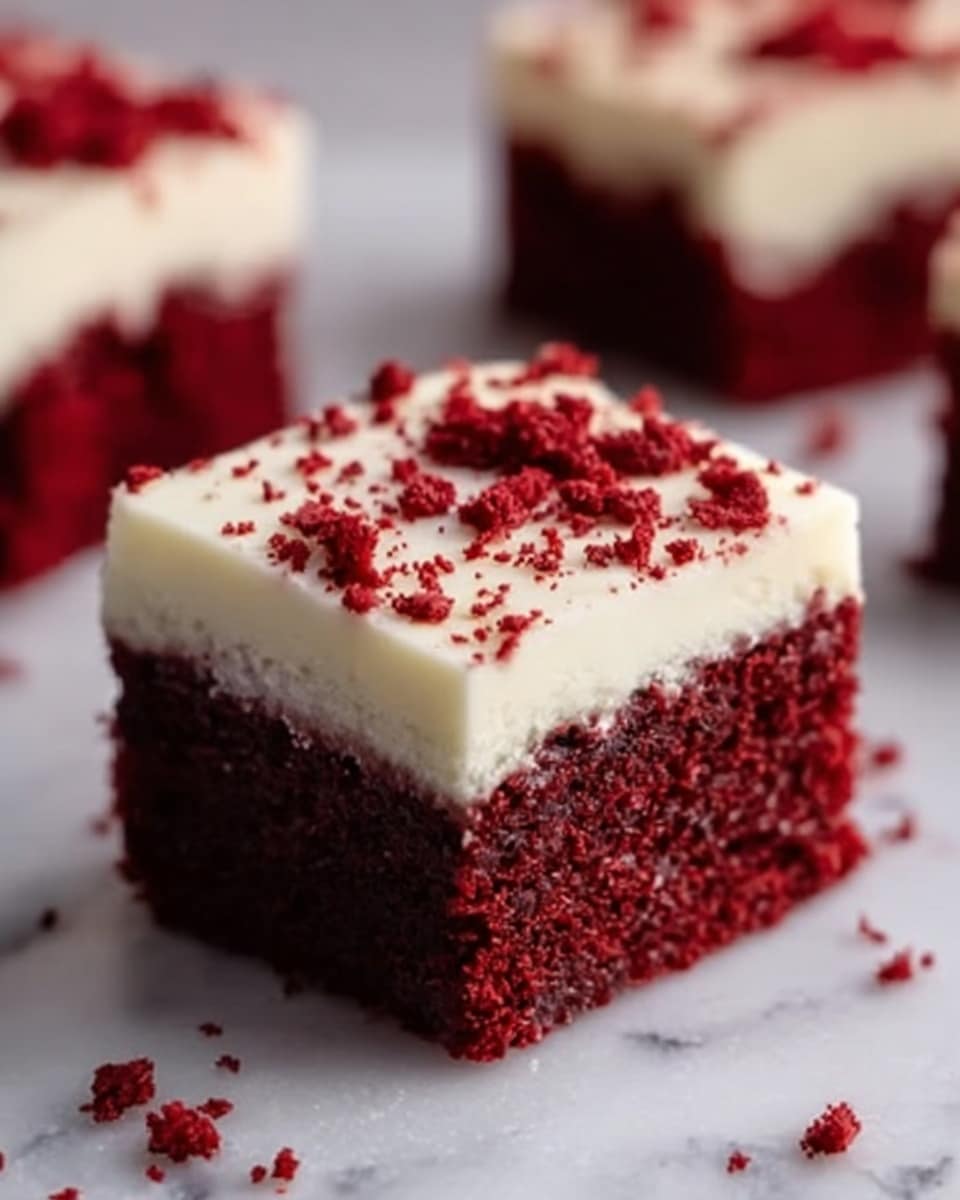 The image shows a close-up of a square piece of red velvet cake with two distinct layers. The bottom layer is thick, moist, and deep red with a slightly crumbly texture. The top layer is a creamy, smooth white frosting, evenly spread and thicker than the cake layer. Small red crumbs are scattered on top of the frosting and around the cake piece on a white marbled surface. The background is softly blurred, drawing focus to the rich colors and details of the cake. photo taken with an iphone --ar 4:5 --v 7