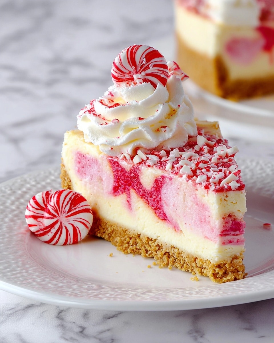 A slice of layered cheesecake with a crumbly golden crust at the bottom, topped by a thick creamy white layer, followed by a swirled pink and red layer that looks soft and smooth. On top of the slice is a swirl of white whipped cream sprinkled with white and red pieces, with a red and white striped candy kiss placed at the center of the cream. Another matching candy kiss is placed on the white plate next to the slice. The plate has a delicate raised pattern around the edge, and the whole scene is set on a white marbled surface. Photo taken with an iphone --ar 4:5 --v 7