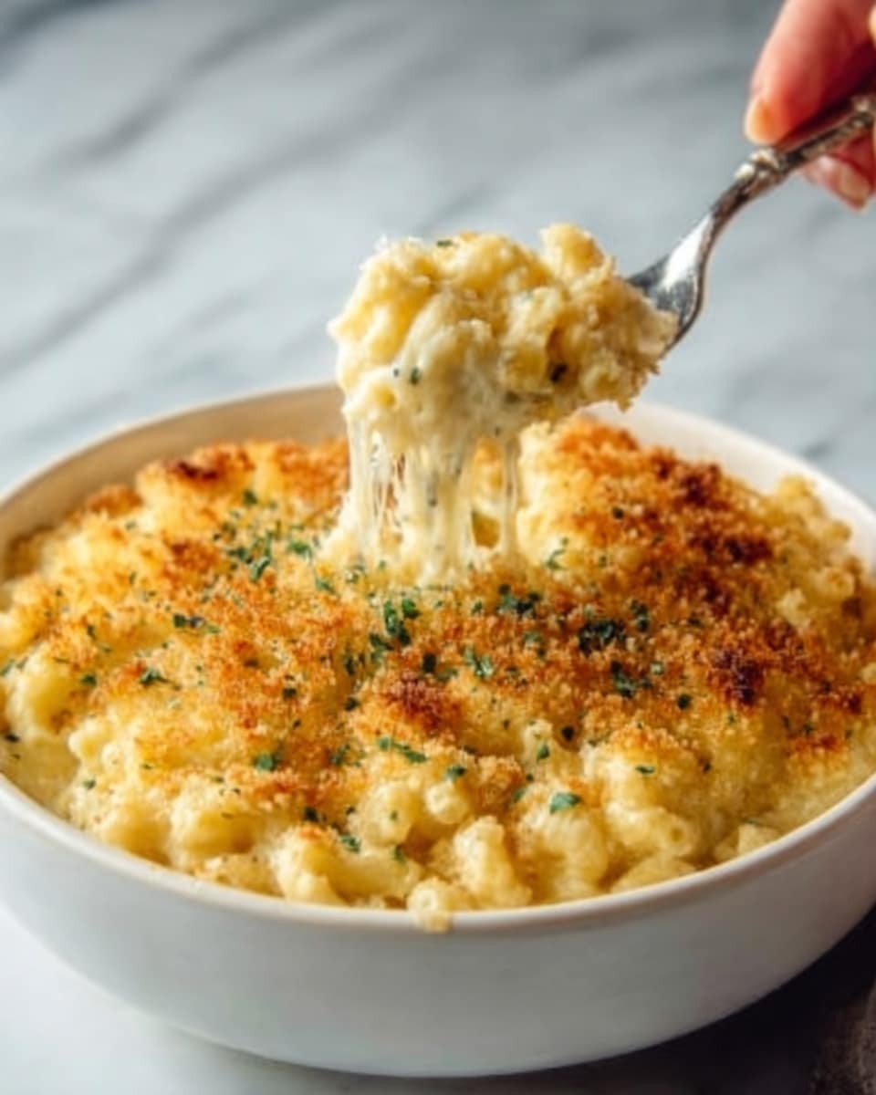 A white bowl filled with creamy macaroni and cheese topped with a golden-brown crispy breadcrumb layer with slight green herb sprinkles. The cheese sauce is thick and smooth, covering the macaroni noodles, with a woman’s hand holding a fork pulling up a stringy, melty cheese portion from the bowl. The bowl sits on a white marbled surface. Photo taken with an iphone --ar 4:5 --v 7