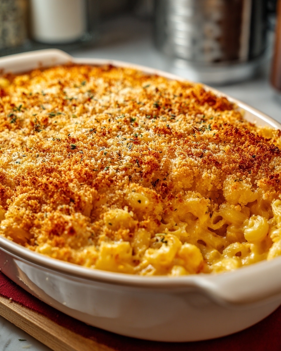 A close-up view of a large white oval baking dish filled with baked macaroni and cheese. The dish has a thick top layer of golden-brown crispy breadcrumbs with hints of darker roasted spots and small green herb flakes. Below the crunchy top, the cheese sauce covers the curly elbow macaroni, visible in a warm yellow-orange color peeking out near the edges. The dish sits on a white marbled textured surface, with a blurred kitchen background. Photo taken with an iphone --ar 4:5 --v 7