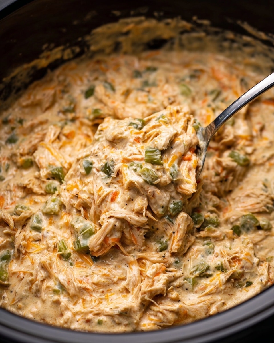 The image shows a thick, creamy mixture in a black pot, with a metal spoon scooping some of it. The dish has a lumpy texture with visible strands of shredded chicken mixed with chunks of green vegetables and melted orange cheese. The creamy sauce coats the ingredients with a smooth, slightly oily surface, and hints of seasoning speckle throughout. The ingredients are densely packed together in one even layer inside the pot. Photo taken with an iphone --ar 4:5 --v 7