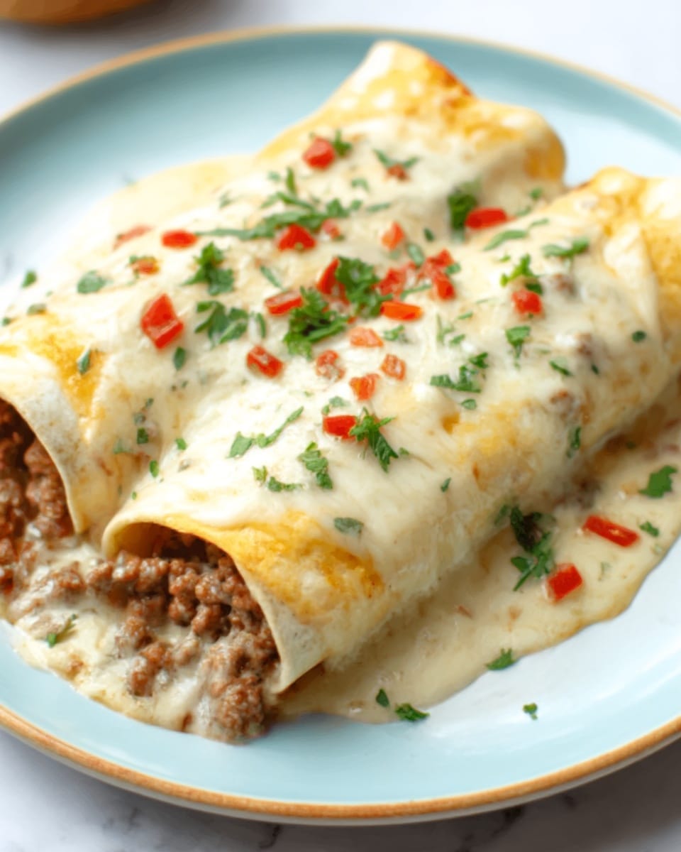 A white plate holds two rolled enchiladas filled with ground meat, covered by a thick layer of melted white cheese sauce that looks creamy and smooth. Small bits of chopped red chili and green parsley are sprinkled on top, adding spots of bright red and green color. The plate is set on a white marbled surface, creating a clean and simple background. Photo taken with an iphone --ar 4:5 --v 7