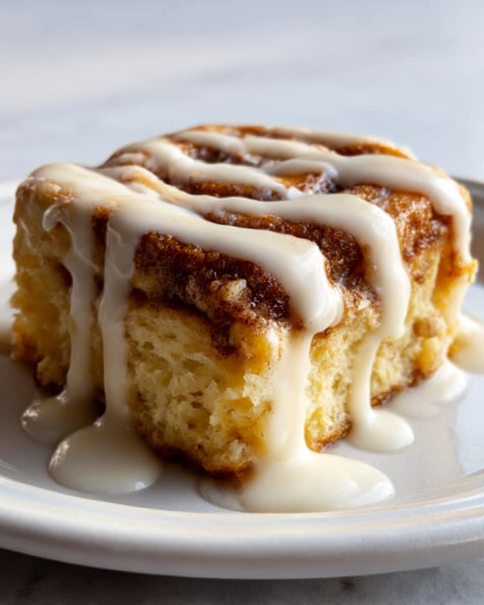 A close-up of a single cinnamon roll piece placed on a white round plate, showing three main layers: the soft, light golden-brown dough forms the base and inside, topped with a thick layer of dark brown cinnamon spice swirl, and a generous drizzle of creamy white icing covering the top and dripping down the sides, sitting on a white marbled surface. Photo taken with an iphone --ar 4:5 --v 7