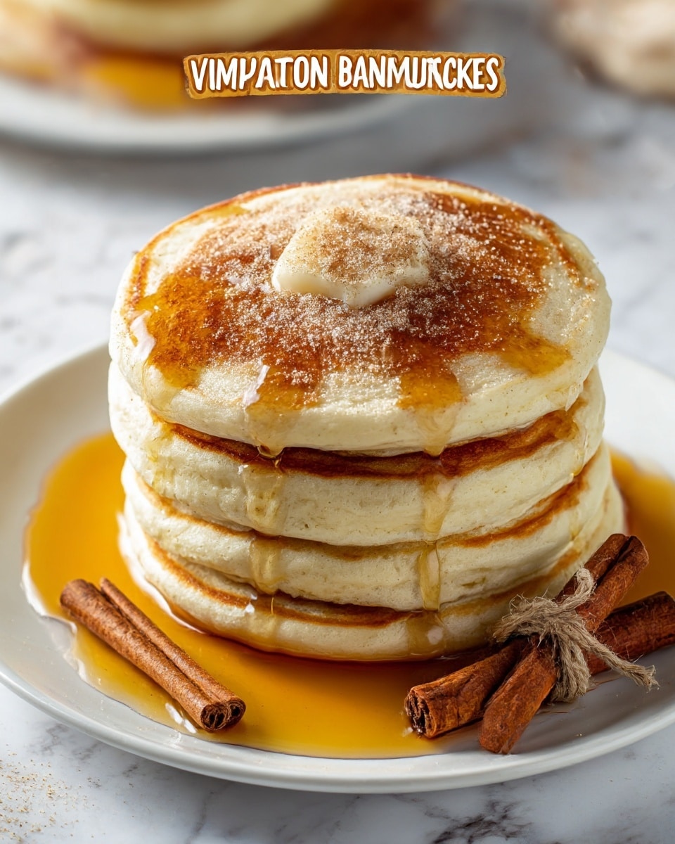 A stack of four thick, fluffy pancakes sits in the center of a white plate on a white marbled surface. The pancakes have a golden-brown top with a dusting of powdered sugar and a small pile of cinnamon sugar in the middle. Rich amber syrup drips slowly down the sides and pools around the base, adding a glossy texture. To the side of the pancakes, there are three cinnamon sticks tied with twine, resting against the stack. Photo taken with an iphone --ar 4:5 --v 7