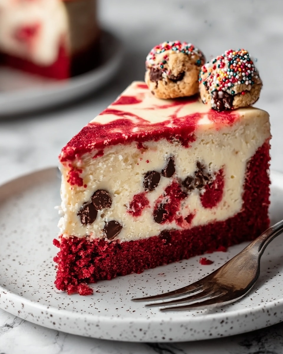 A slice of red velvet cheesecake sits on a white speckled plate with a silver fork on the right side. The cake has three layers: the bottom layer is deep red with a crumbly texture, the middle layer is creamy white with red swirls and dark chocolate chips scattered inside, and the top is smooth with more red swirls in a marbled pattern. Two small cookie dough balls with colorful sprinkles rest on the top right edge of the slice. The background has a white marbled texture softly blurred. Photo taken with an iphone --ar 4:5 --v 7
