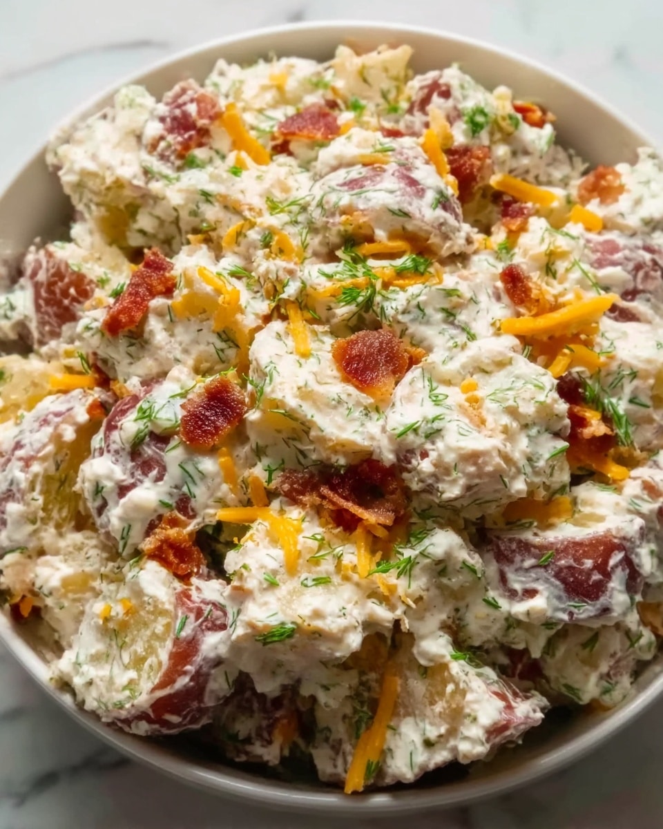 A bowl filled with a creamy potato salad made of medium-sized chunks of red-skinned potatoes mixed with a thick layer of white creamy dressing. There are small pieces of orange shredded cheese and green herbs sprinkled evenly throughout the salad, adding color and texture. Tiny bits of bacon with a reddish-brown and crispy look are scattered within the dish. The salad appears rich and has a chunky, mixed texture. The bowl is white and sits on a white marbled surface. photo taken with an iphone --ar 4:5 --v 7