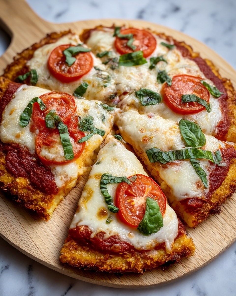 A round pizza cut into six slices sits on a light wooden board on a white marbled surface. The pizza has a thick, golden-brown crust with a rough, crispy texture. On top of the crust is a rich, red tomato sauce layer, followed by a thick, bubbly layer of melted white mozzarella cheese that has some golden-brown spots from baking. Each slice has a bright red, fresh tomato slice on it, and the pizza is sprinkled with fresh, torn green basil leaves, adding a pop of color. The overall look is warm and inviting, highlighting the gooey cheese and vibrant toppings. photo taken with an iphone --ar 4:5 --v 7