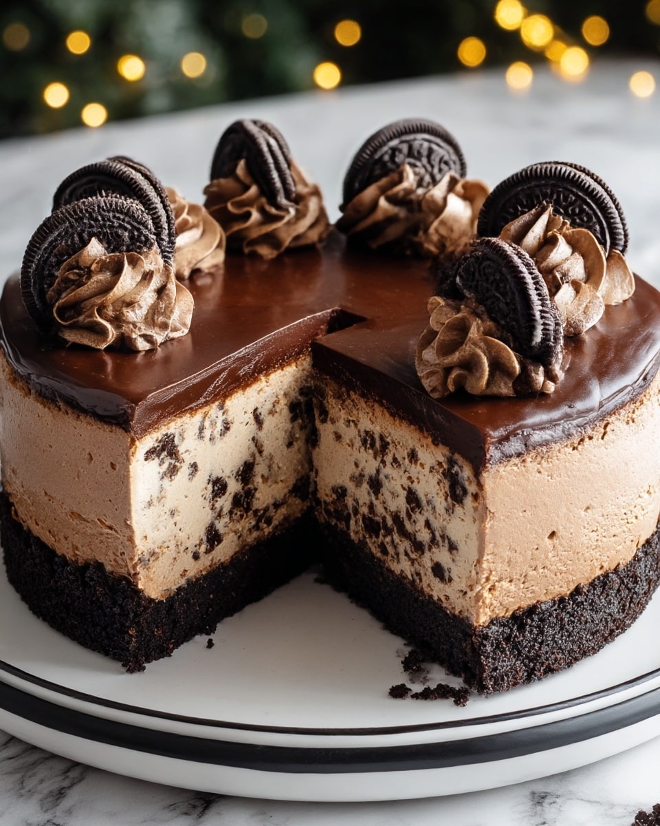 A round chocolate cake with a thick dark brown crumbly base layer, topped by a large creamy light brown mousse layer with small dark cookie bits mixed inside. Above this mousse layer is a smooth and shiny milk chocolate layer covering the whole cake. The top edge of the cake is decorated with dark chocolate swirls and whole Oreo cookies spaced evenly around the circle. One slice is cut out, revealing all three clear layers and the smooth texture inside. The cake sits on a white plate on a white marbled surface with blurred warm lights in the background. photo taken with an iphone --ar 4:5 --v 7