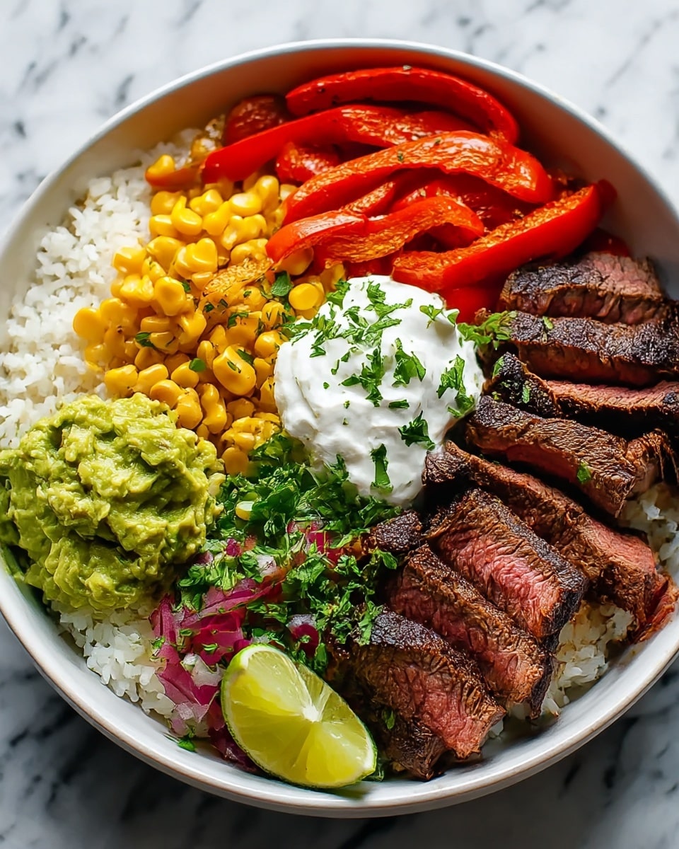 A white bowl filled with six distinct layers arranged side-by-side: grilled dark brown steak slices with a juicy pink center on the right, bright red roasted bell pepper strips with a bit of char in the middle left, green chunky guacamole at the far left, fluffy white rice topped with green herbs near the top left, yellow cooked corn kernels above the rice, and red pickled onions with bits of green herbs between corn and steak. In the middle, a dollop of white sour cream with some green herbs sprinkled on top. A lime wedge rests next to the guacamole. The background is a white marbled texture. photo taken with an iphone --ar 4:5 --v 7