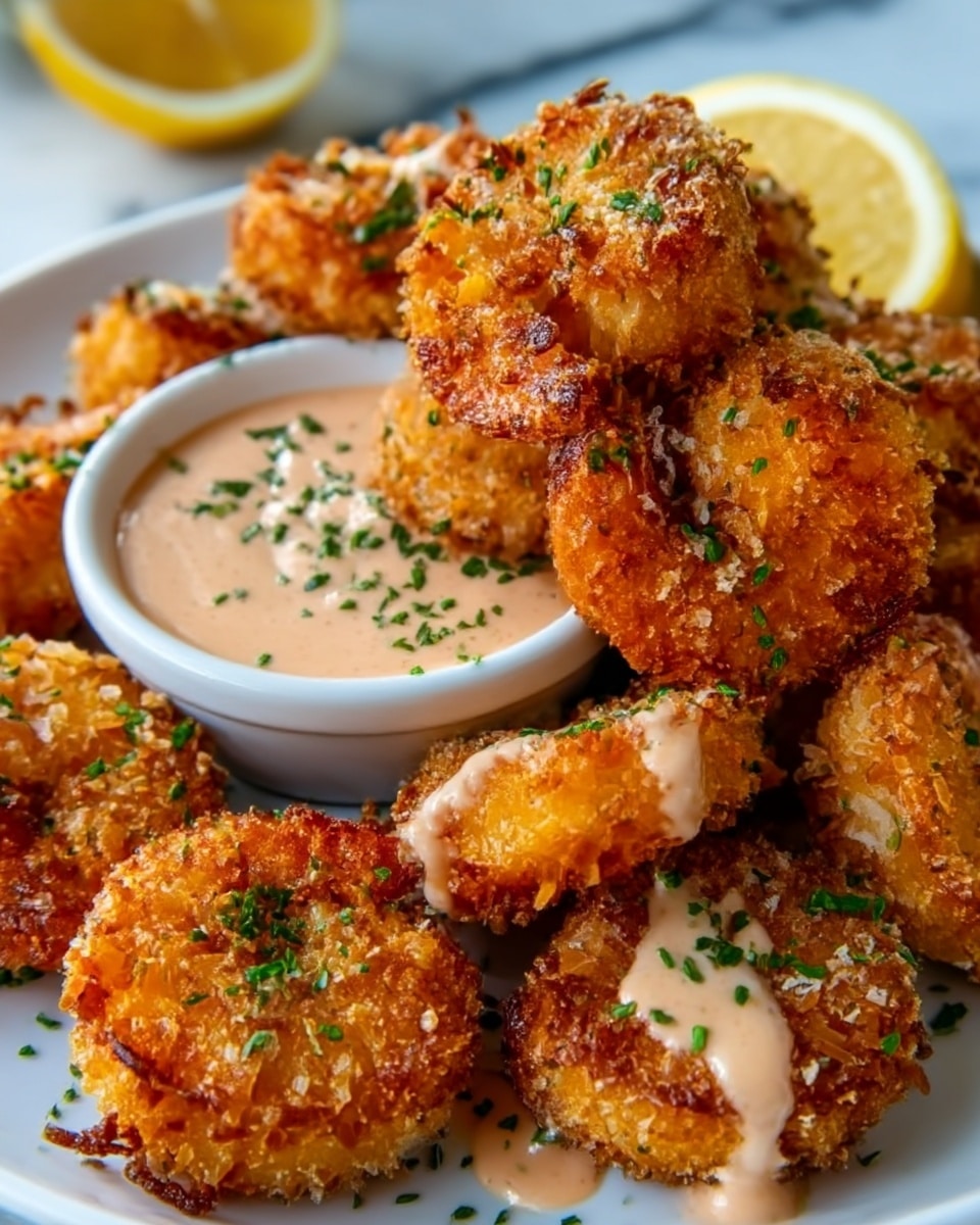 A white plate holds several golden-brown, crispy coconut shrimp stacked in a small pile, each piece showing a crunchy textured coating with bits of coconut flakes. They are garnished with finely chopped green herbs scattered across the shrimp. A creamy light pink sauce is drizzled over some shrimp and also seen in a small white dipping bowl placed in the center of the pile. In the background, a lemon wedge adds a touch of yellow color, and the whole scene sits on a white marbled surface. photo taken with an iphone --ar 4:5 --v 7