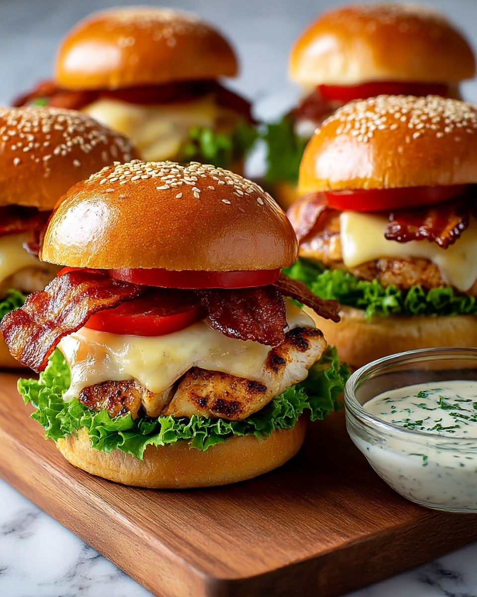 The image shows four chicken sandwiches on a wooden board placed over a white marbled surface. Each sandwich has a shiny, golden-brown sesame seed bun with a top layer of crispy bacon strips that are reddish-brown. Under the bacon are slices of fresh red tomatoes and melted cheese that is creamy yellow and white, melting over a well-grilled, slightly charred chicken breast. Below the chicken, there is a layer of green leafy lettuce sitting on the bottom bun, which is light brown and slightly textured. A small clear glass bowl of white sauce with green herbs is seen on the right side of the board. photo taken with an iphone --ar 4:5 --v 7