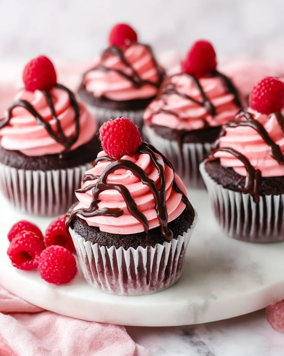 A group of six chocolate cupcakes with dark brown bases in white paper liners sit on a white marble round plate on top of a soft pink cloth. Each cupcake has a swirl of smooth, bright pink frosting piped in a spiral on top. Over the frosting, there are drizzles of glossy dark chocolate sauce. Each cupcake is finished with a fresh, bright red raspberry placed at the peak of the frosting. Additional raspberries are scattered casually near the plate on the pink cloth. The background is a soft white marbled texture. photo taken with an iphone --ar 4:5 --v 7